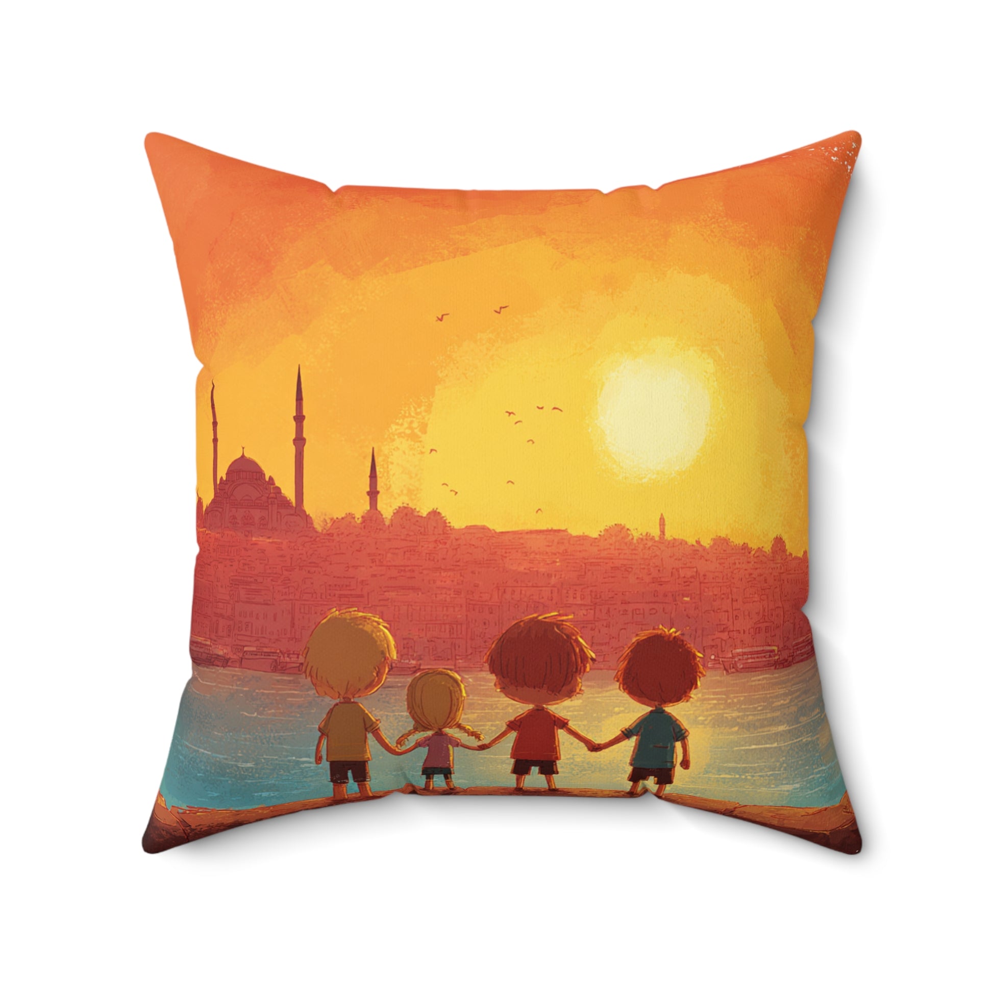 Jewish Kids Over Sunset Spun Polyester Square Pillow - American Zionist