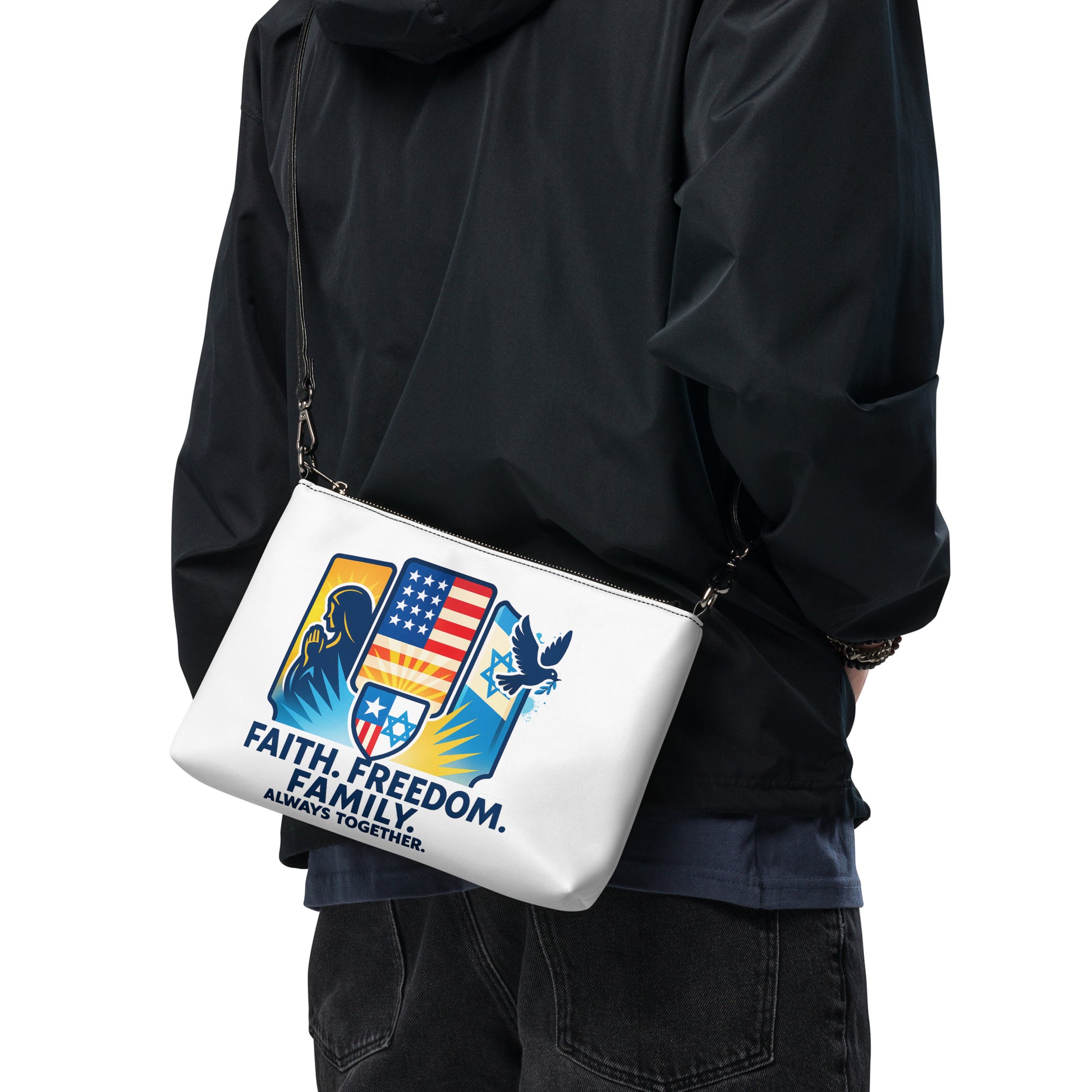 Faith Freedom Family All - Over Print Crossbody Bag - American Zionist