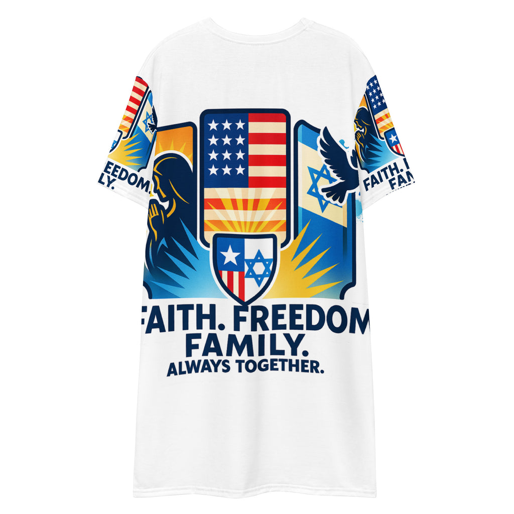 Faith Freedom Family All - Over Print T-Shirt Dress - American Zionist