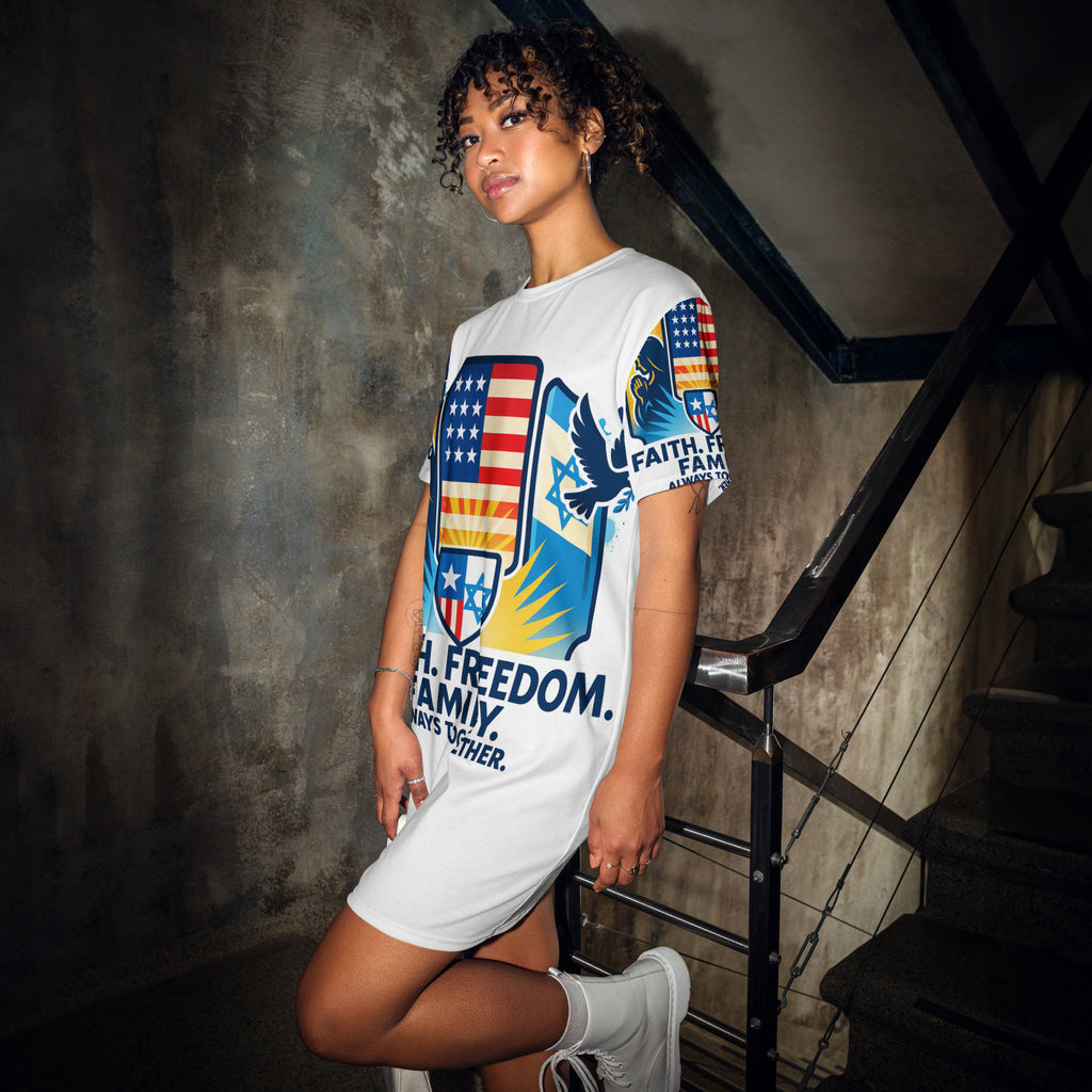 Faith Freedom Family All - Over Print T-Shirt Dress - American Zionist