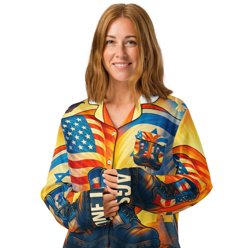 Two Flags. One Heart All Over Print Women's Long Sleeve Pajama Top - American Zionist