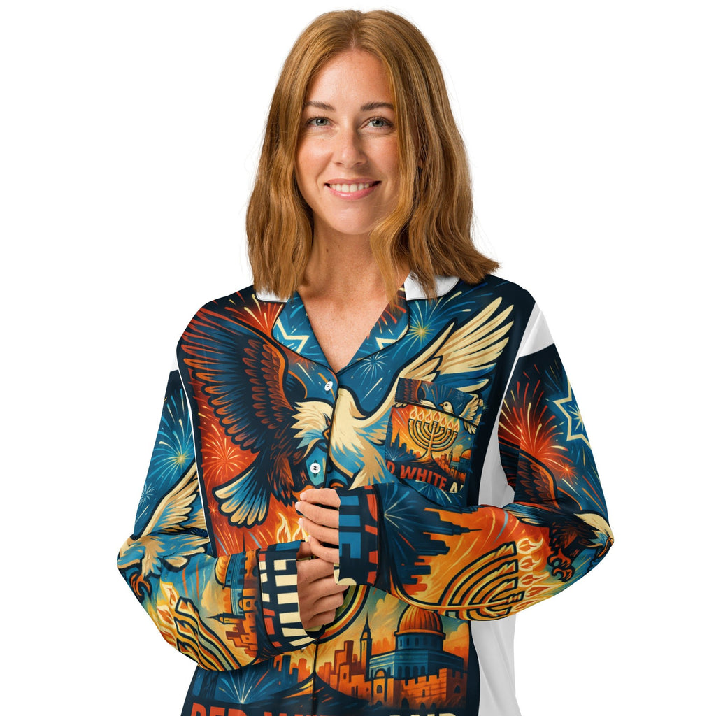 Red White and Blue All - Over Print Women's Long Sleeve Pajama Top - American Zionist