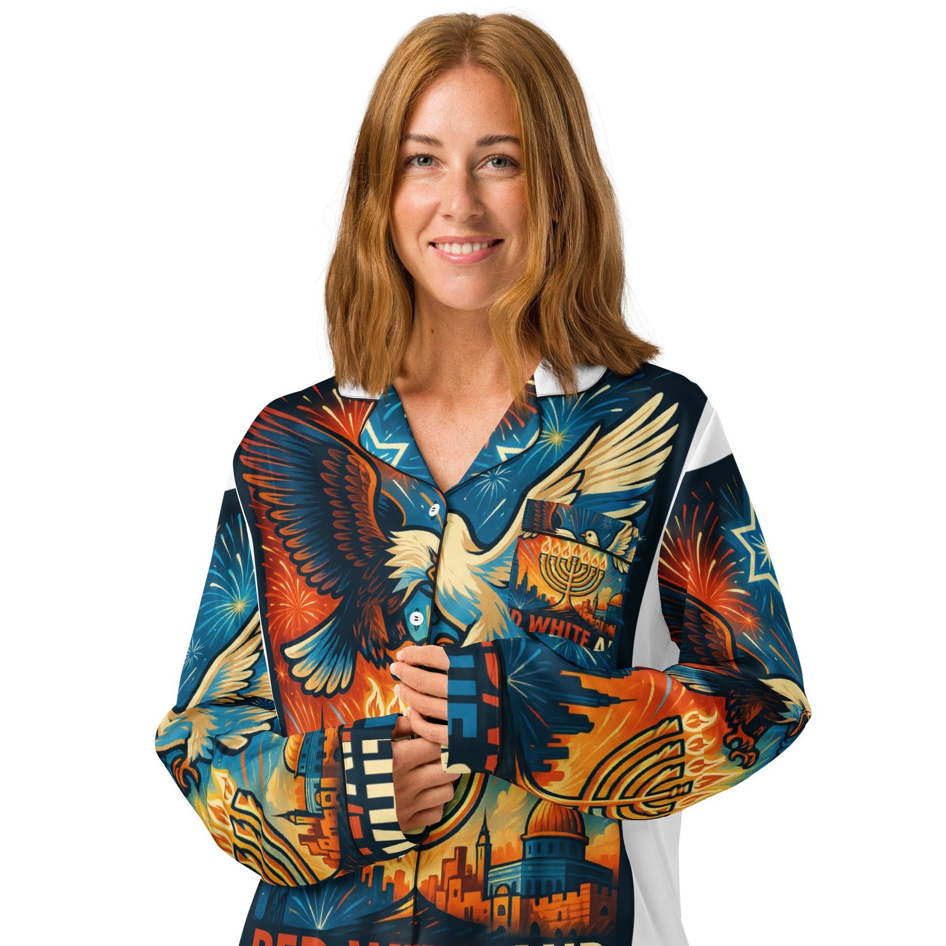 Red White and Blue All - Over Print Women's Long Sleeve Pajama Top - American Zionist
