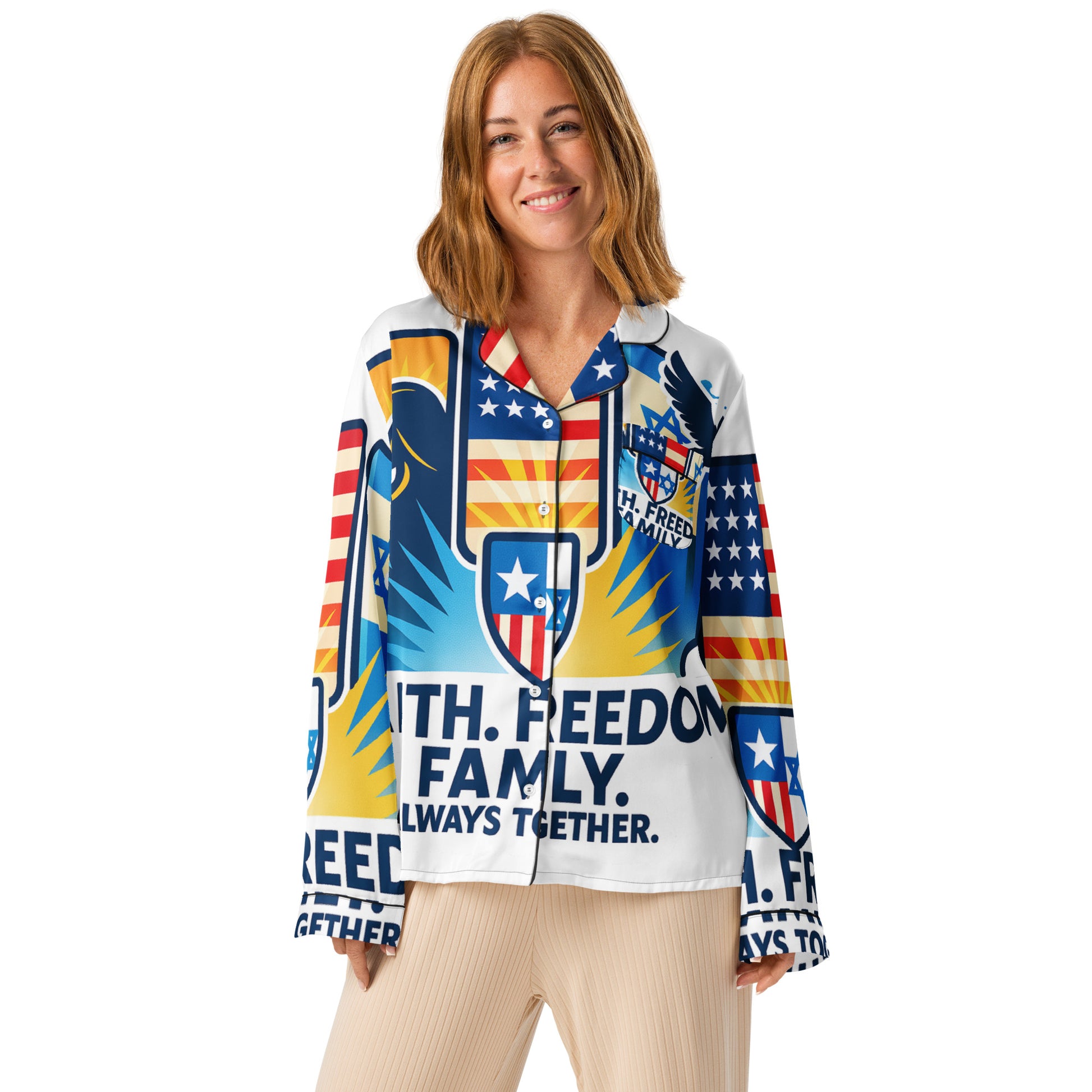 Faith Freedom Family All - Over Print Women's Long Sleeve Pajama Top - American Zionist