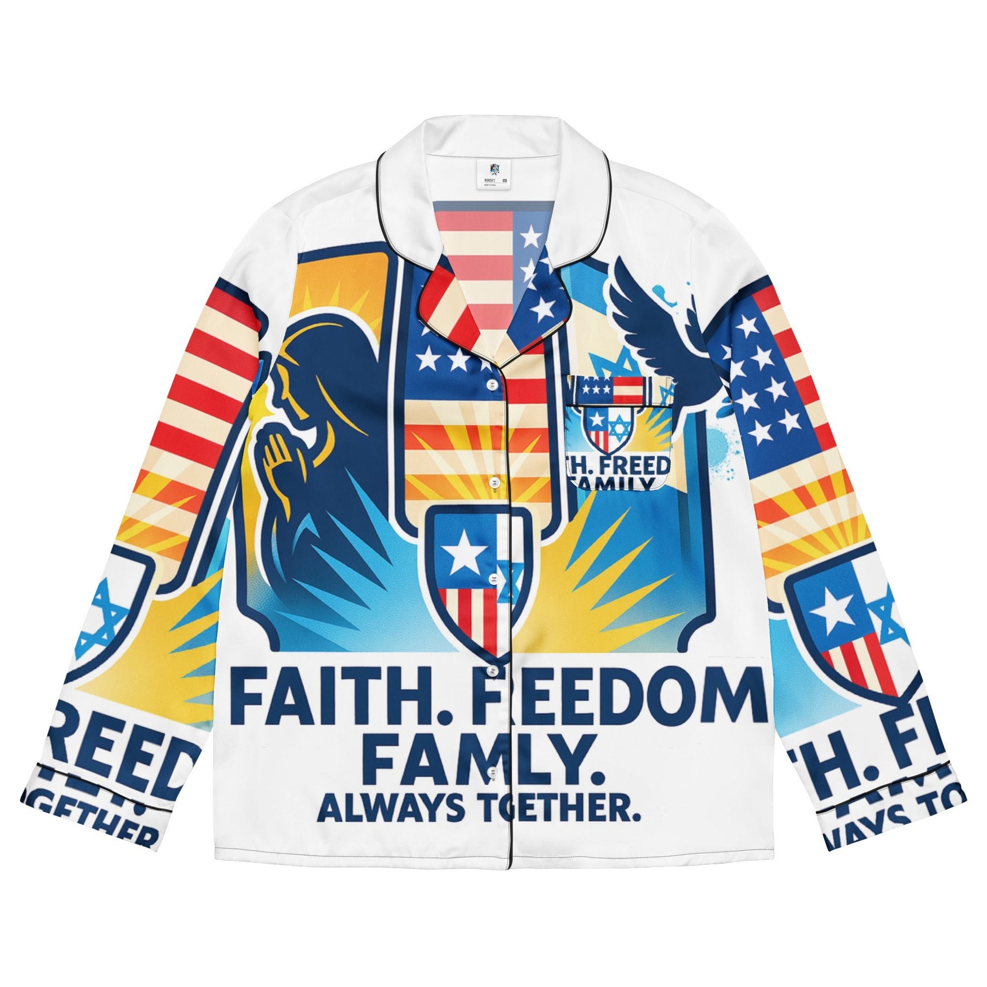 Faith Freedom Family All - Over Print Women's Long Sleeve Pajama Top - American Zionist