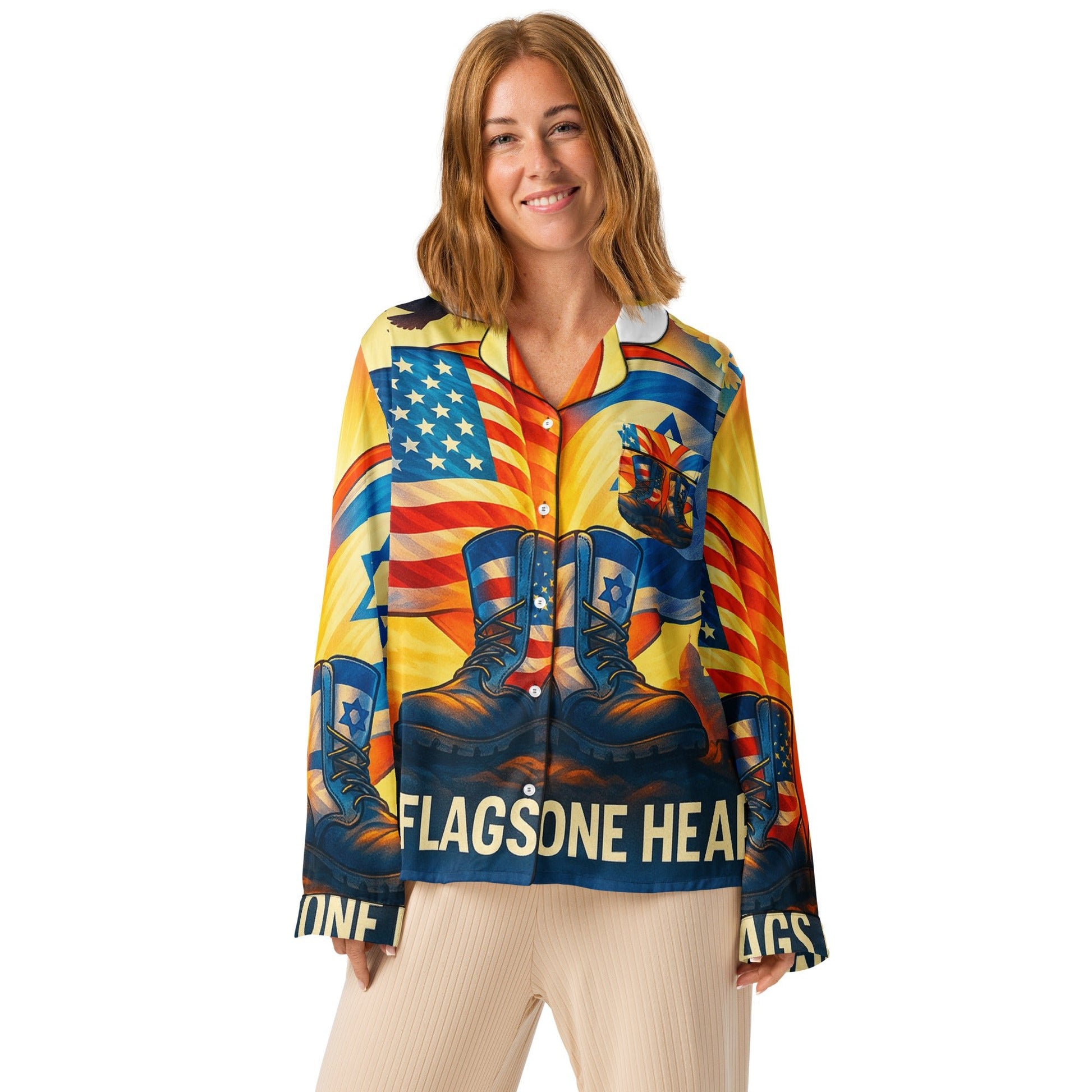 Two Flags. One Heart All Over Print Women's Long Sleeve Pajama Top - American Zionist