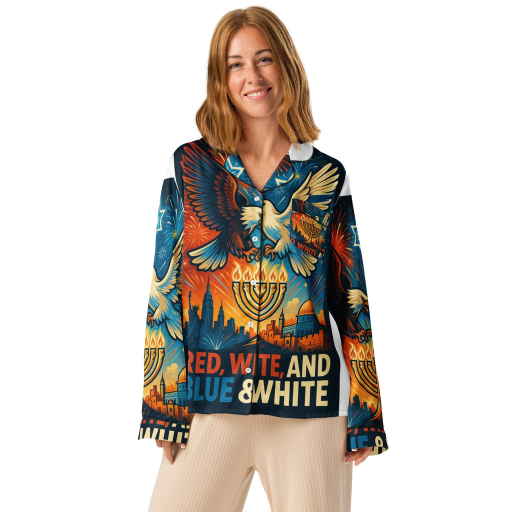 Red White and Blue All - Over Print Women's Long Sleeve Pajama Top - American Zionist
