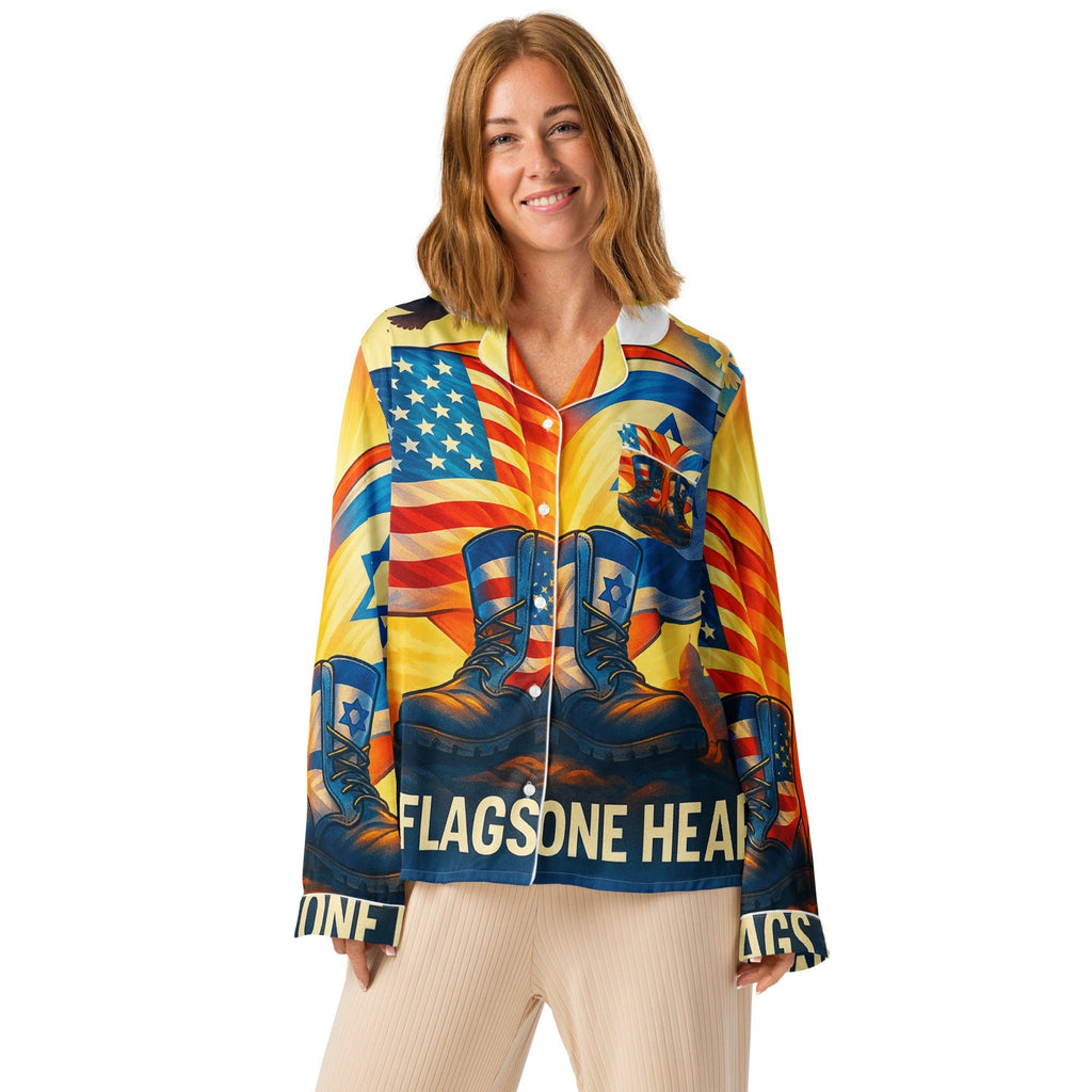 Two Flags. One Heart All Over Print Women's Long Sleeve Pajama Top - American Zionist
