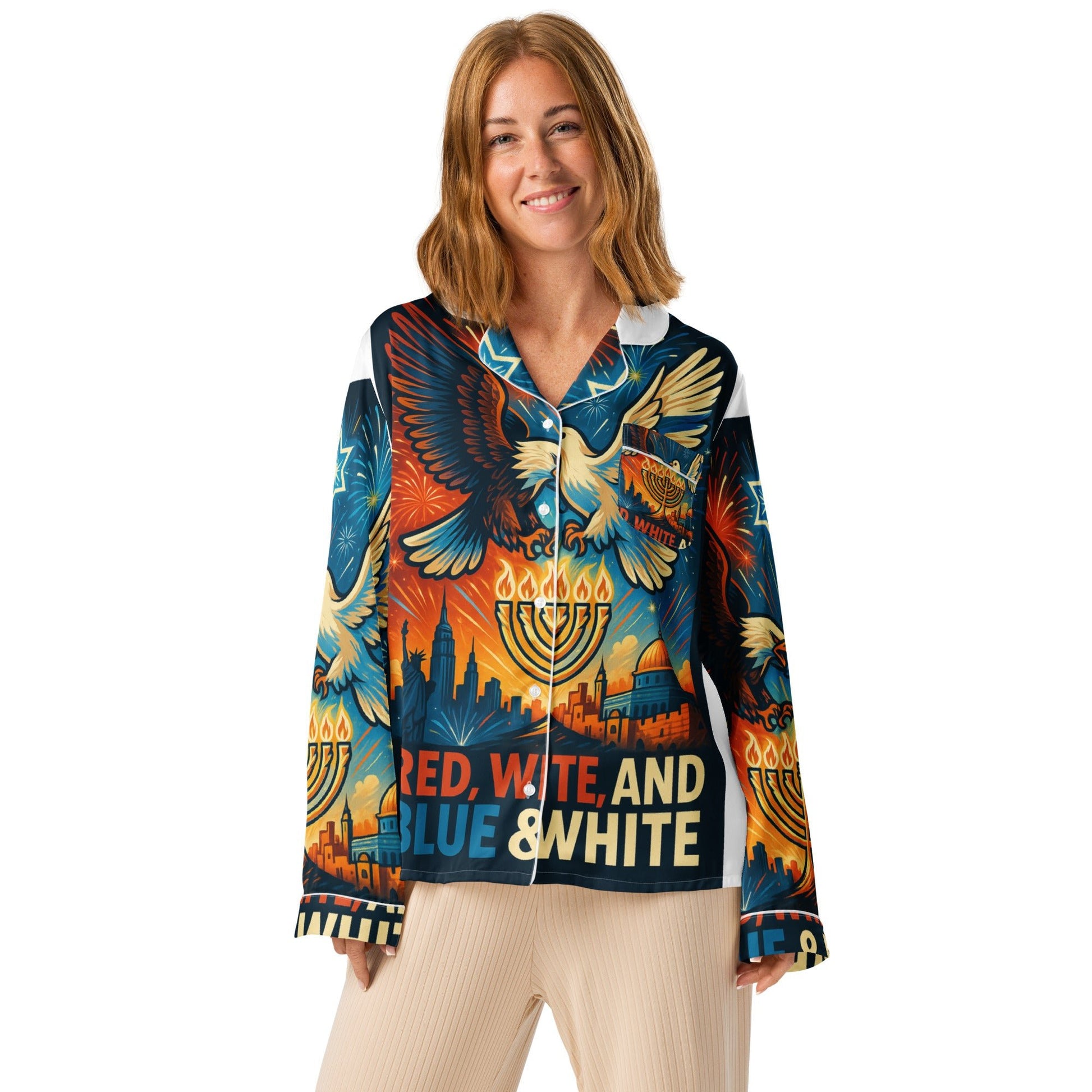 Red White and Blue All - Over Print Women's Long Sleeve Pajama Top - American Zionist