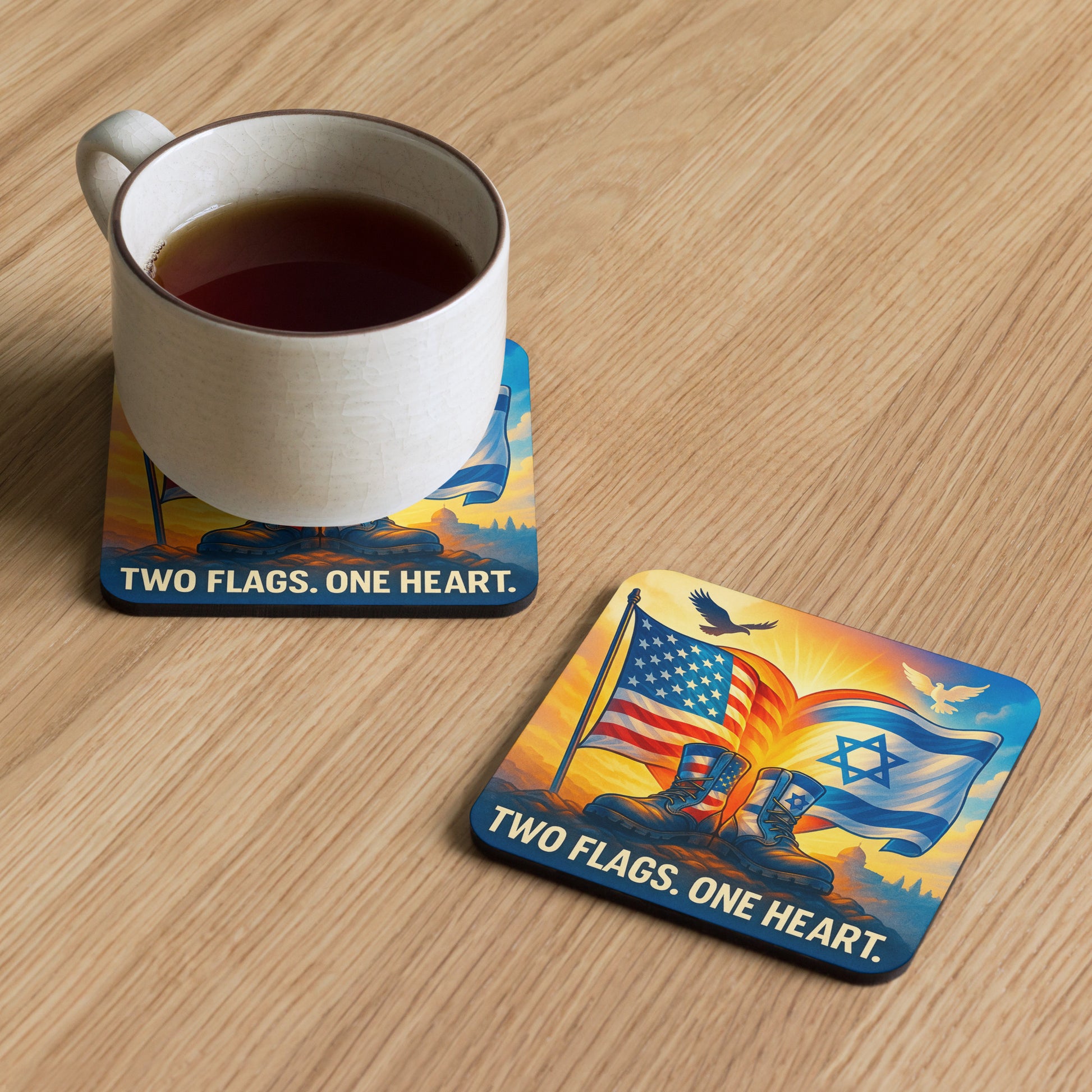 Two Flags. One Heart Cork - back Coaster - American Zionist