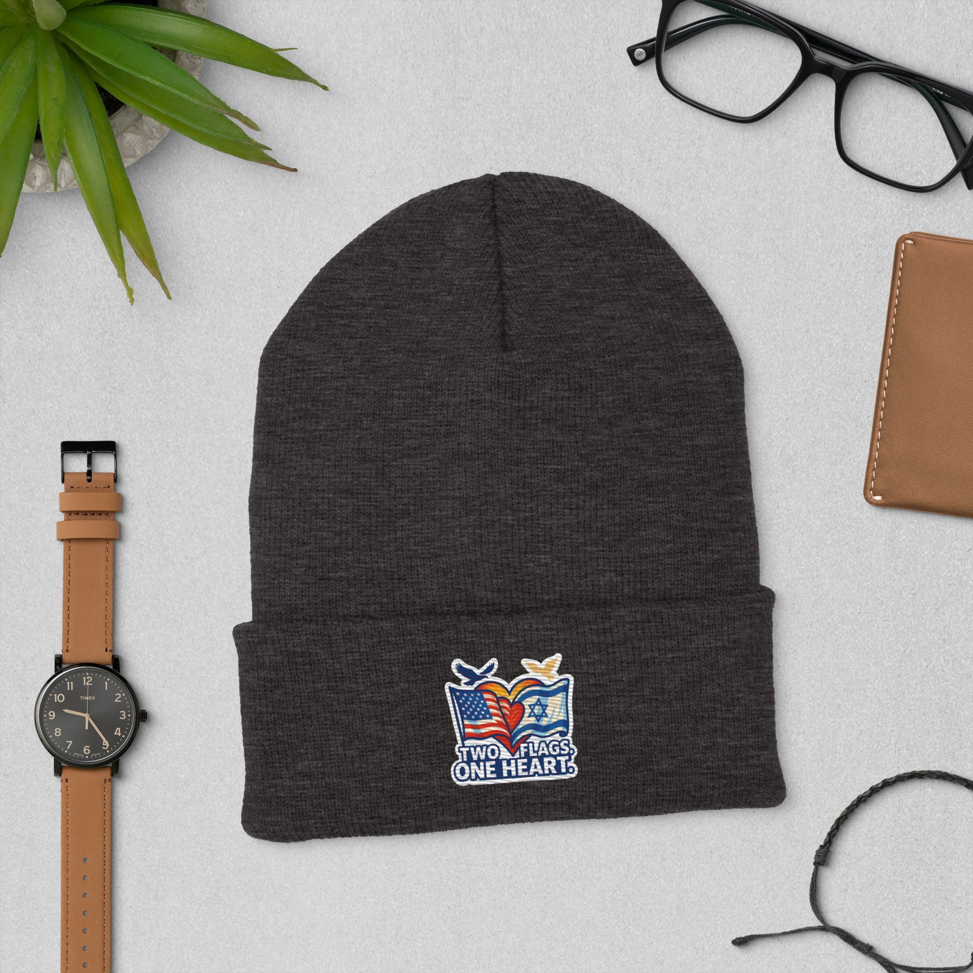 Two Flags. One Heart Cuffed Beanie - American Zionist