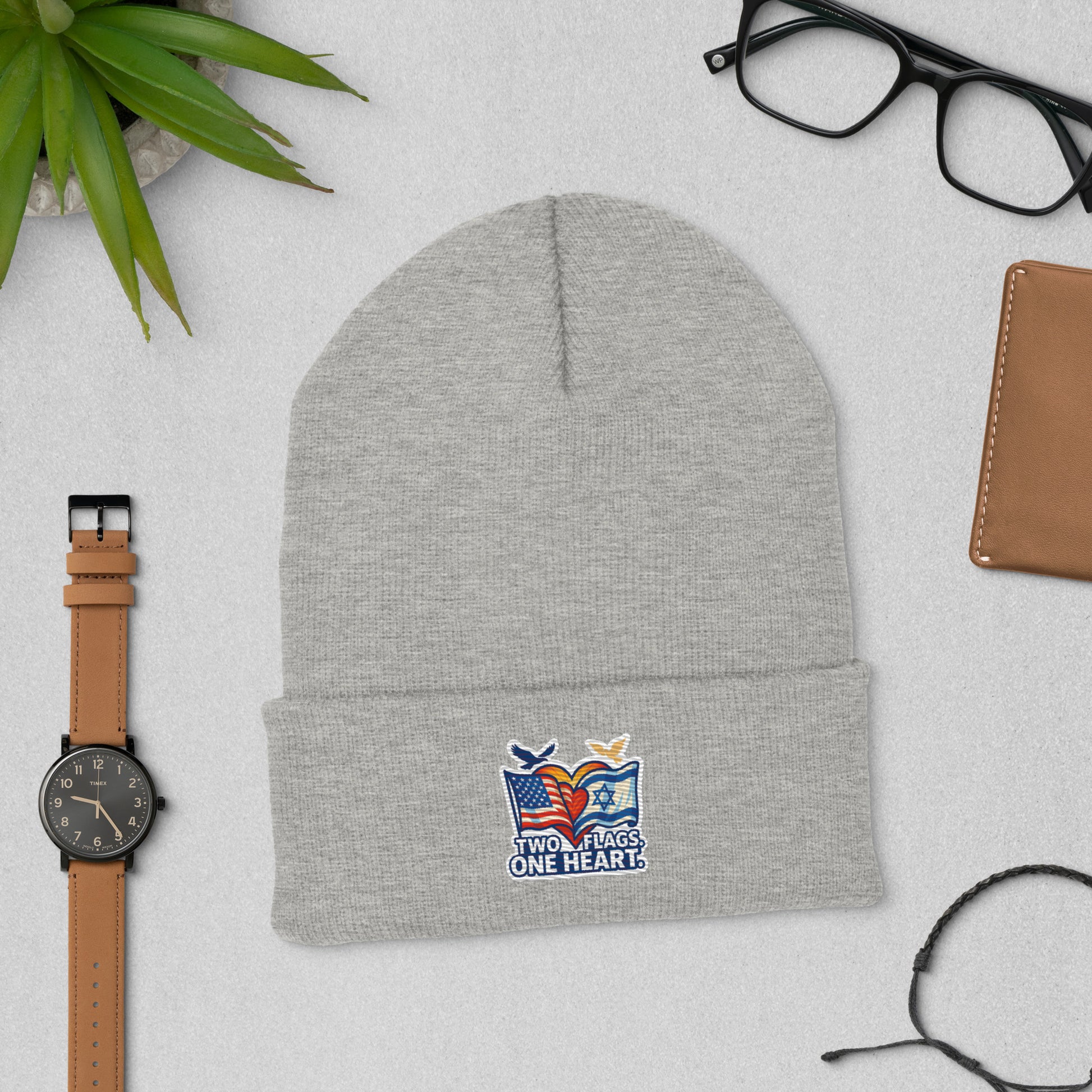 Two Flags. One Heart Cuffed Beanie - American Zionist