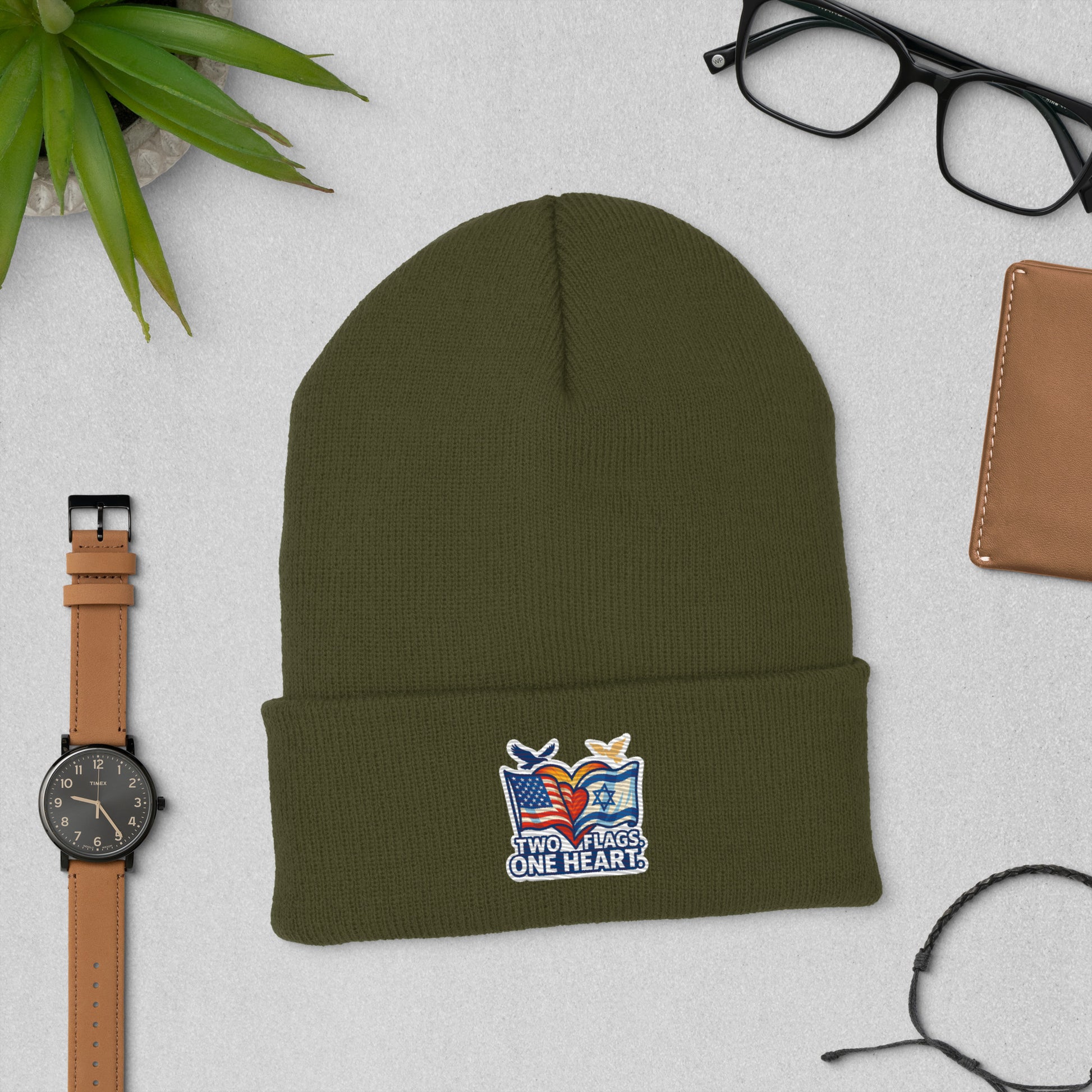Two Flags. One Heart Cuffed Beanie - American Zionist