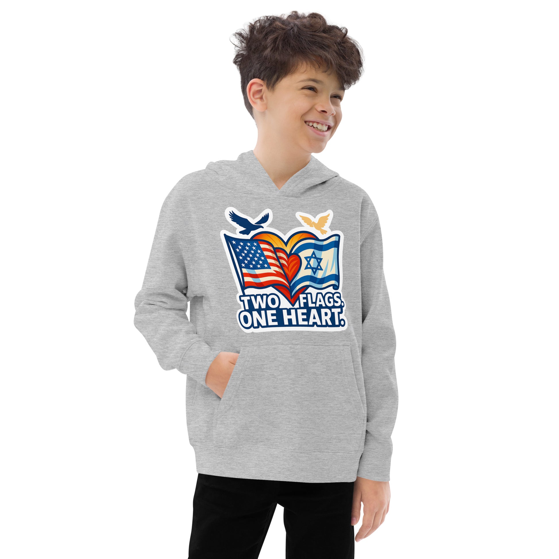 Two Flags One Heart Kids Fleece Hoodie - American Zionist