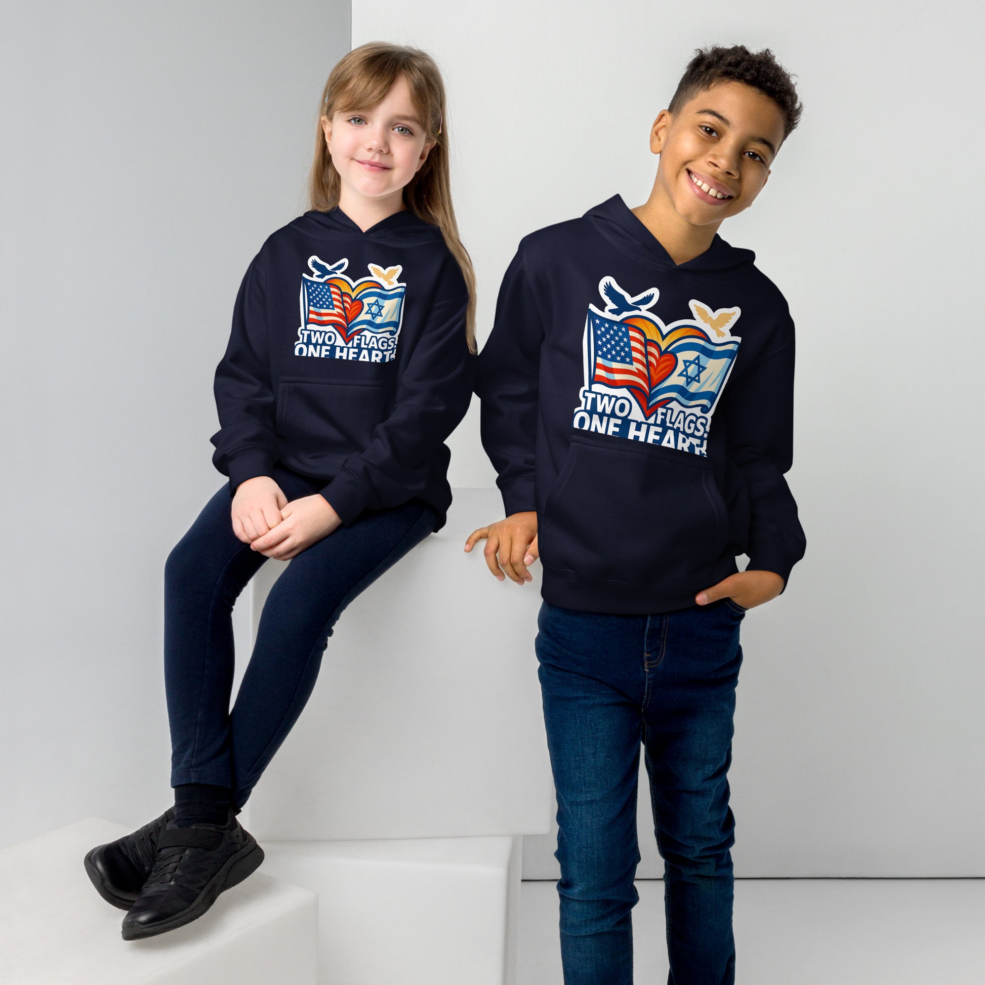 Two Flags One Heart Kids Fleece Hoodie - American Zionist