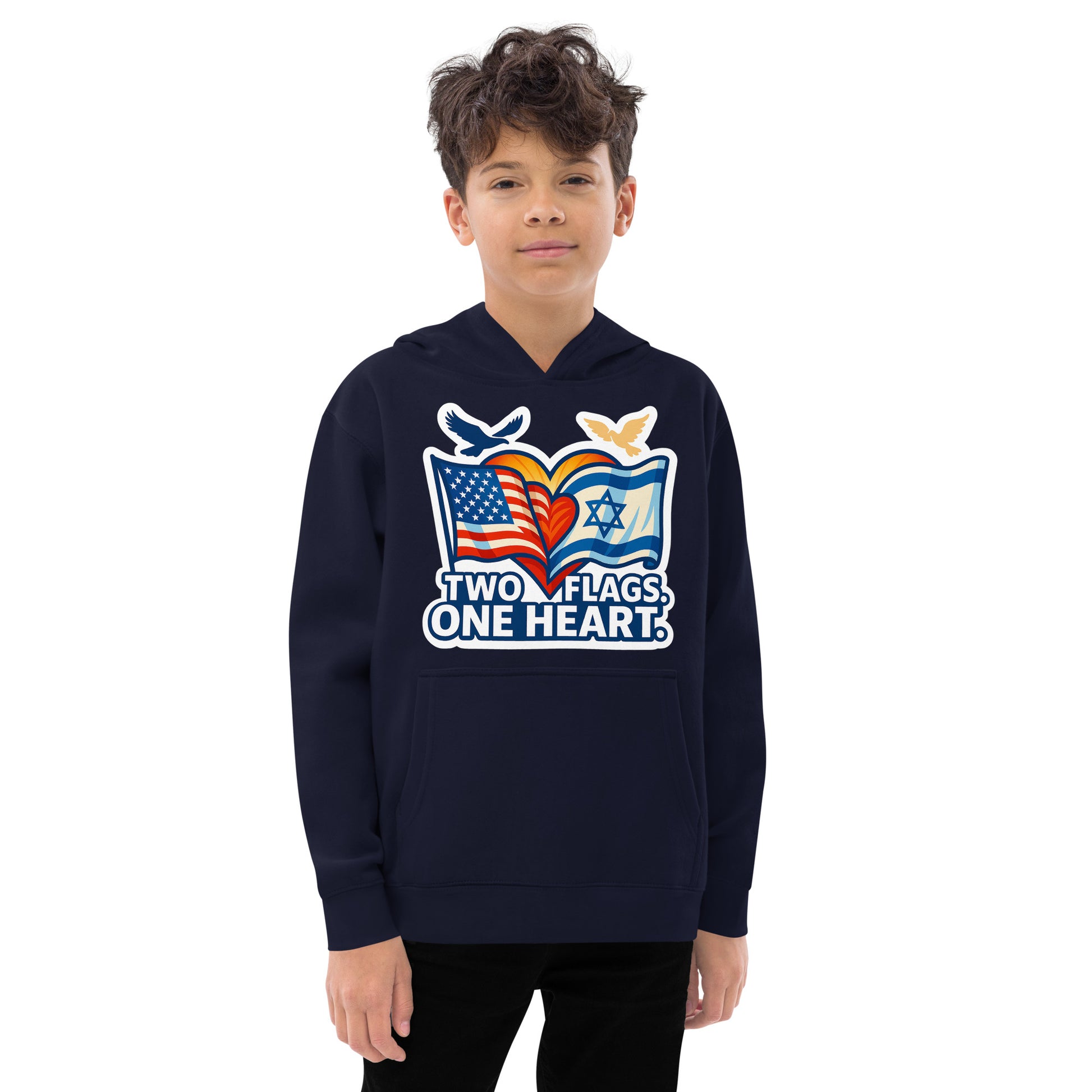 Two Flags One Heart Kids Fleece Hoodie - American Zionist
