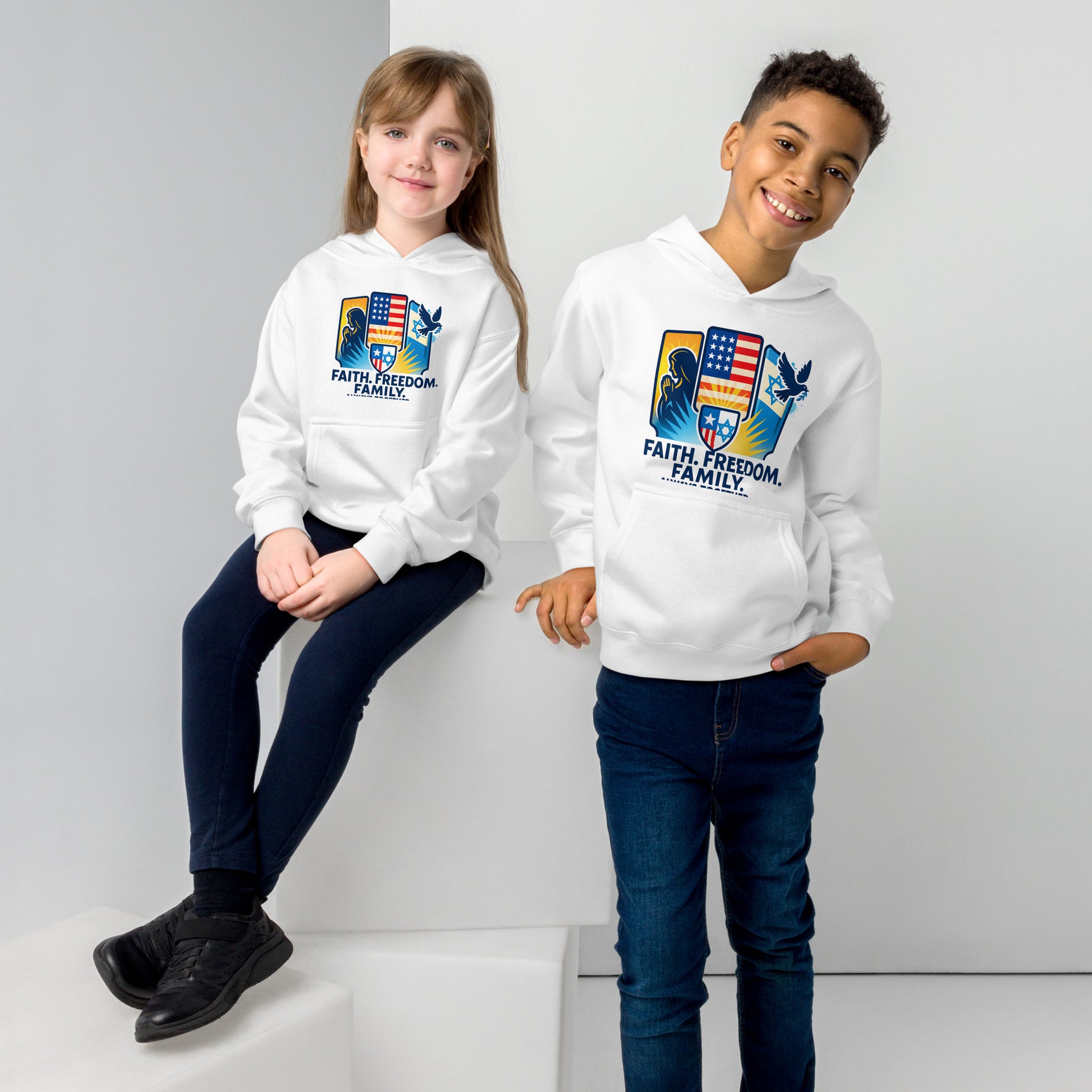 Faith Freedom Family Kids Fleece Hoodie - American Zionist