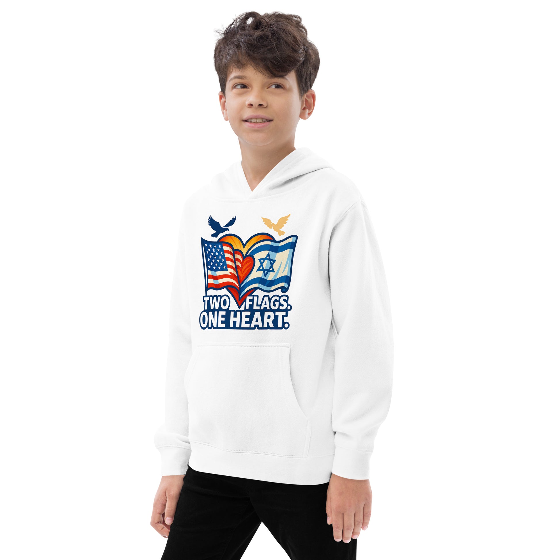 Two Flags One Heart Kids Fleece Hoodie - American Zionist