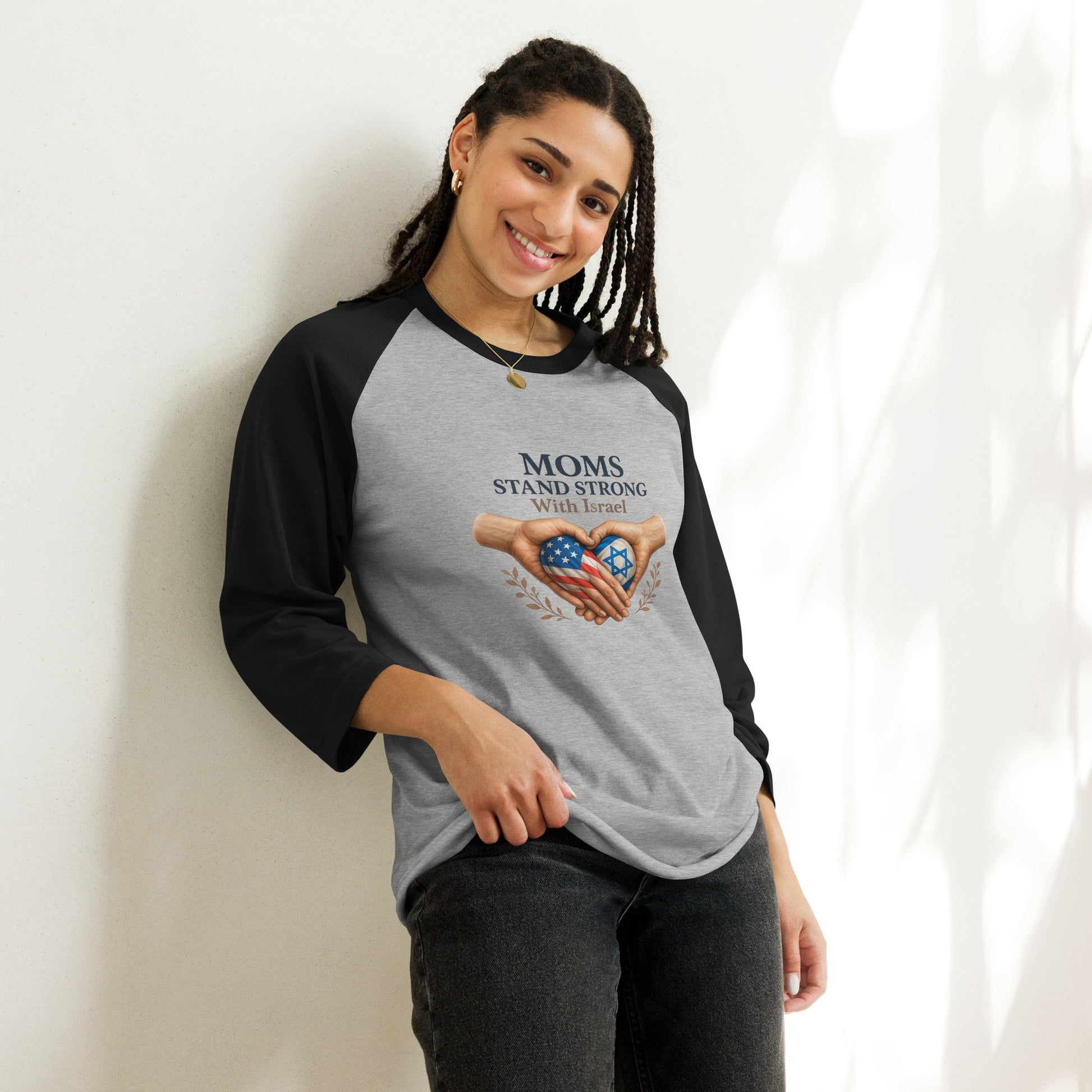 Moms Stand Strong With Israel 3/4 Sleeve Raglan Shirt - American Zionist