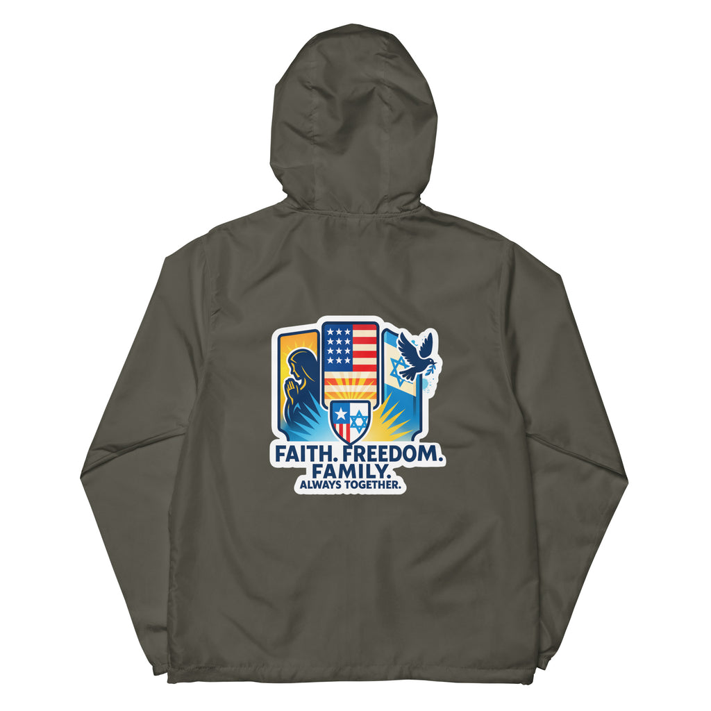Faith • Freedom • Family Unisex Lightweight Zip Up Windbreaker - American Zionist