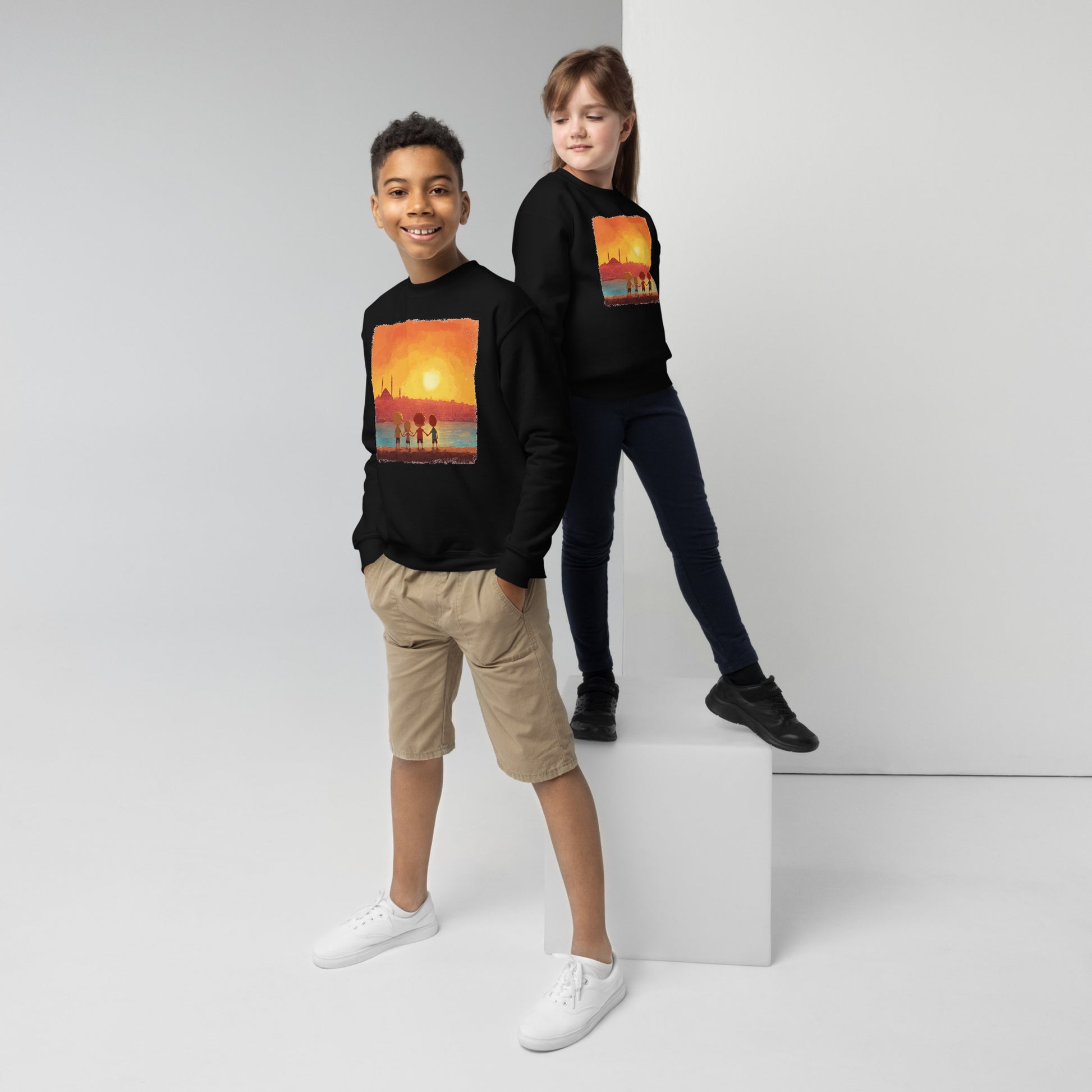 Jewish Kids Over Sunset Transparent Youth Crew Neck Sweatshirt - American Zionist