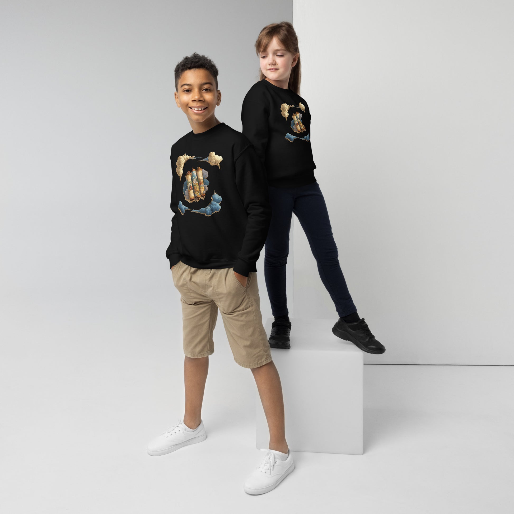 Cloudy Scroll of Moses Youth Crew Neck Sweatshirt - American Zionist