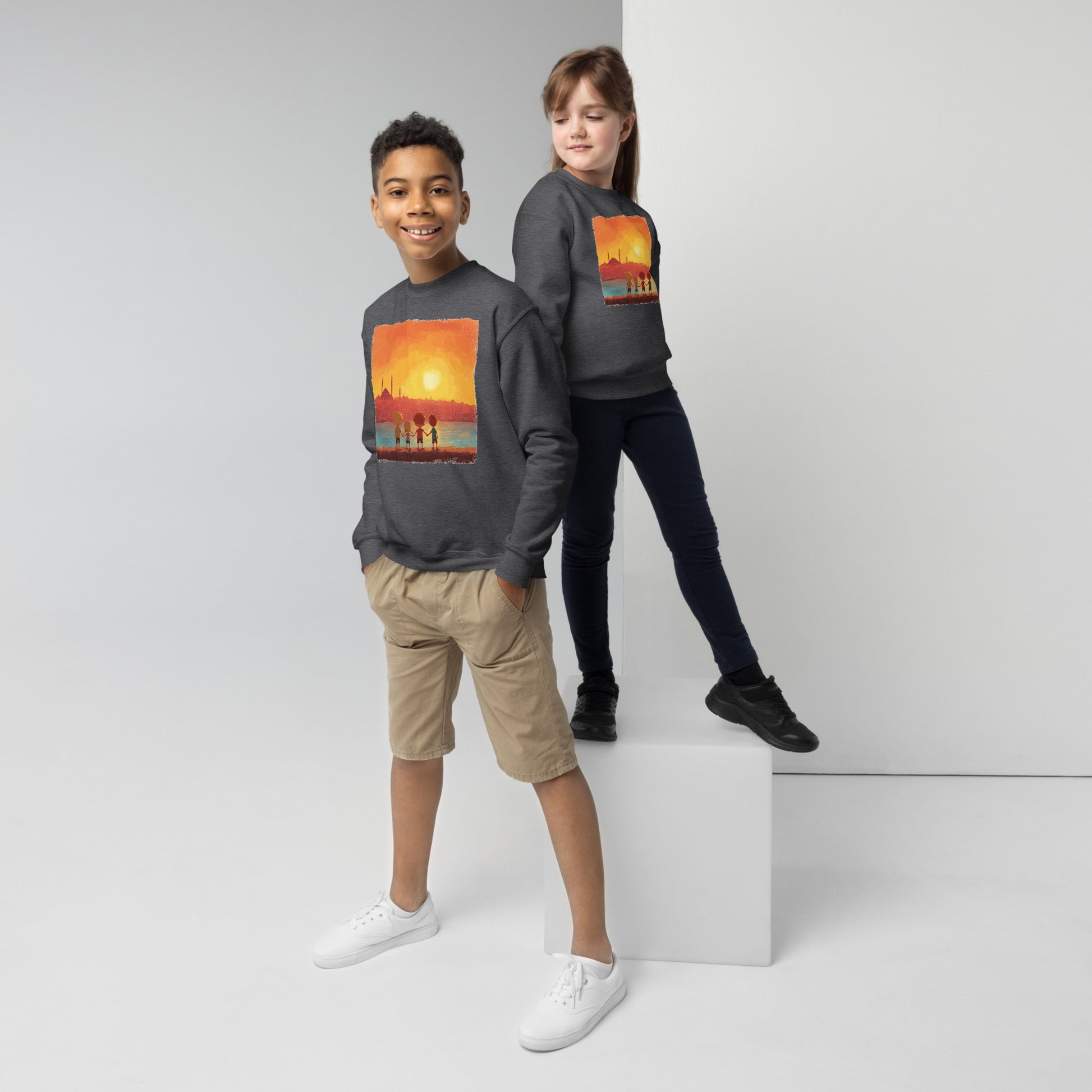 Jewish Kids Over Sunset Transparent Youth Crew Neck Sweatshirt - American Zionist