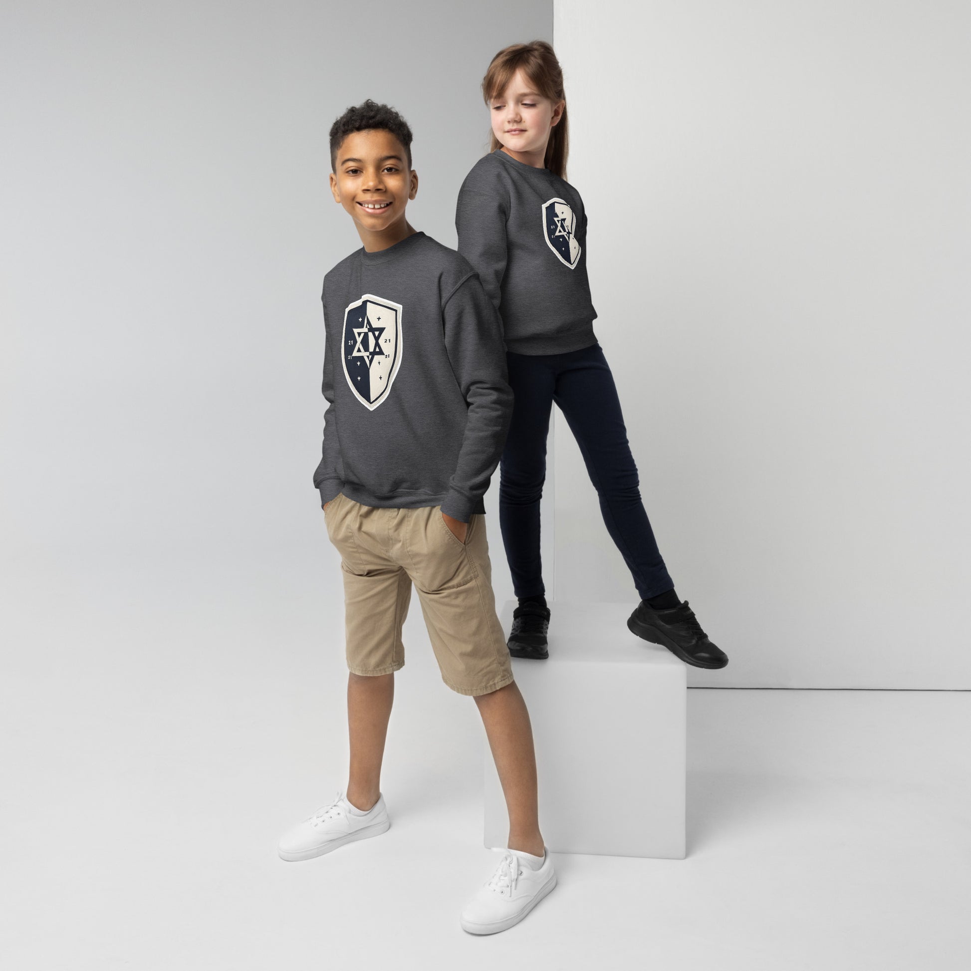 Black and White Shield Youth Crew Neck Sweatshirt - American Zionist