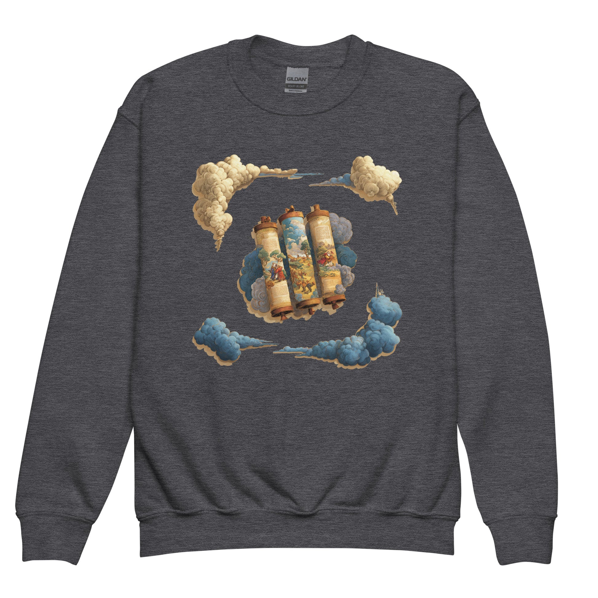 Cloudy Scroll of Moses Youth Crew Neck Sweatshirt - American Zionist