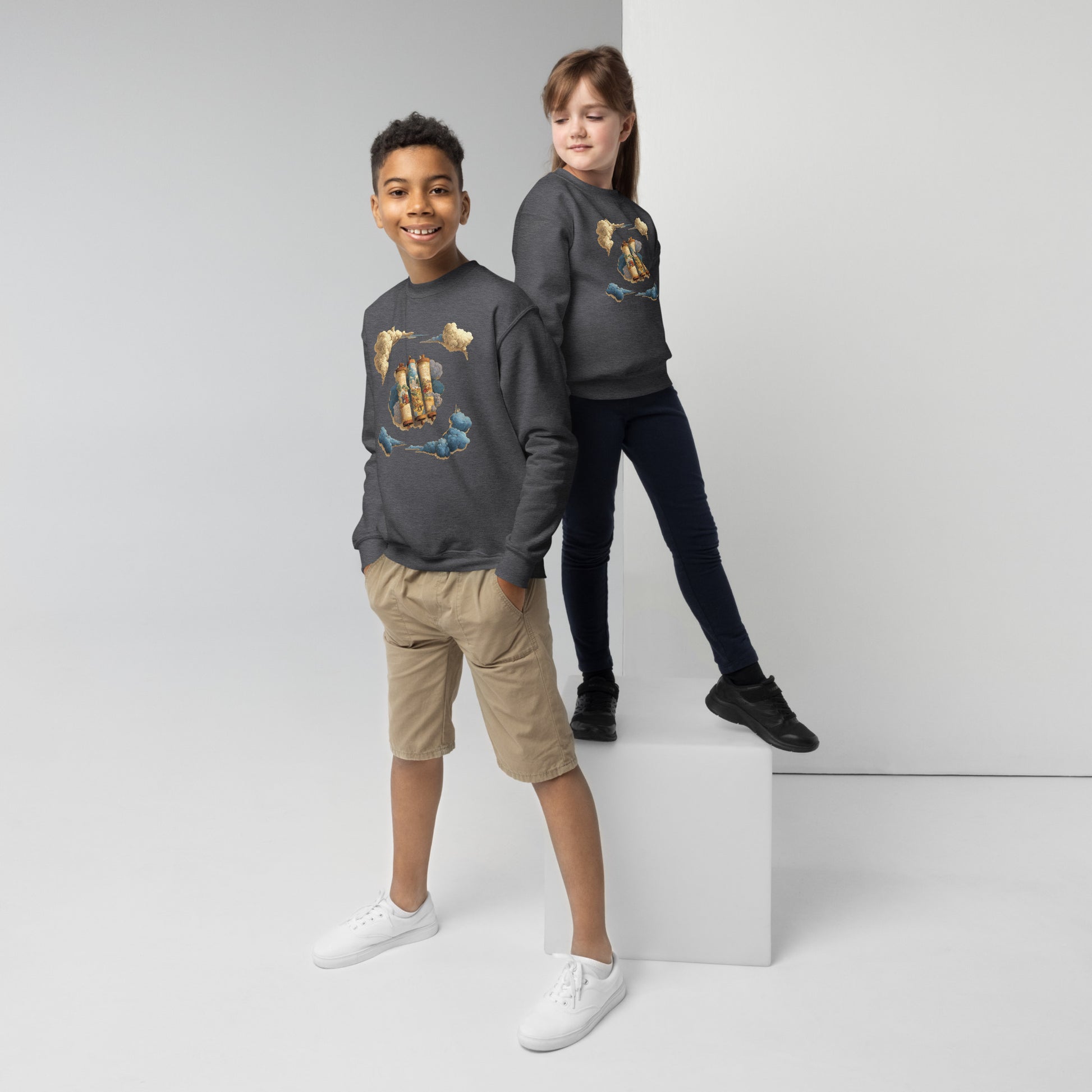 Cloudy Scroll of Moses Youth Crew Neck Sweatshirt - American Zionist
