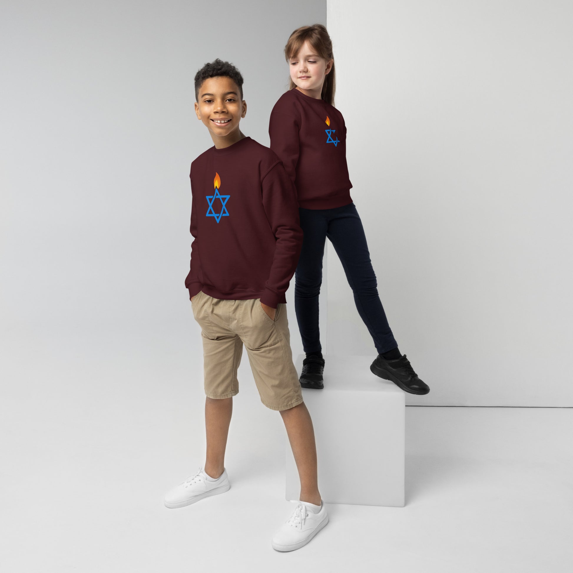Fire Stars Of David Youth Crew Neck Sweatshirt - American Zionist