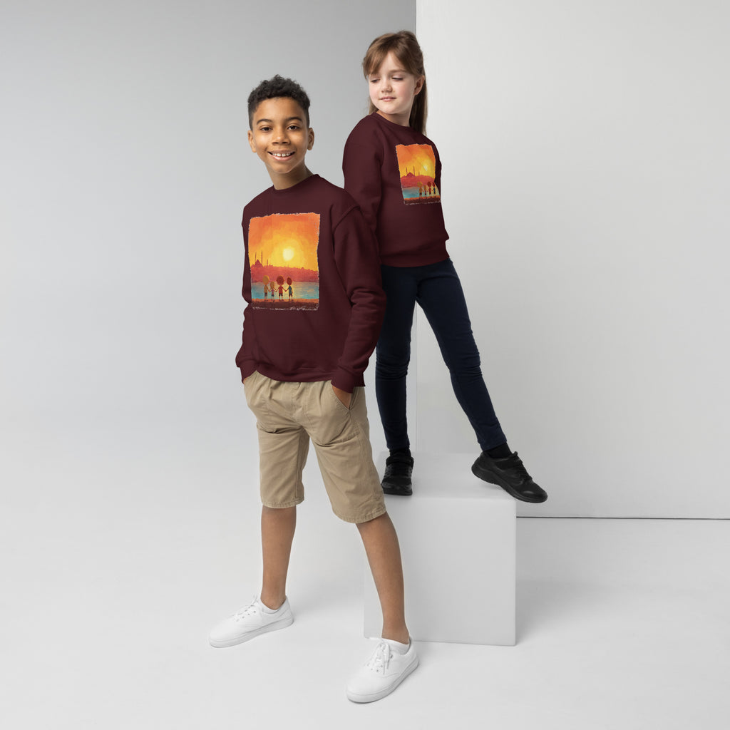 Jewish Kids Over Sunset Transparent Youth Crew Neck Sweatshirt - American Zionist