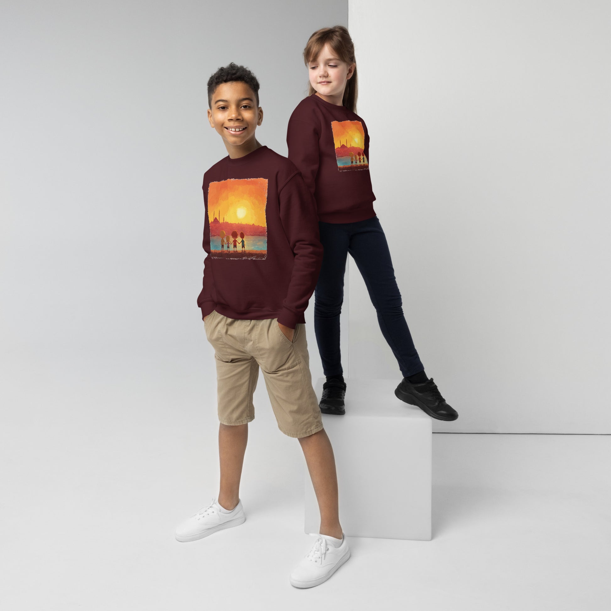 Jewish Kids Over Sunset Transparent Youth Crew Neck Sweatshirt - American Zionist