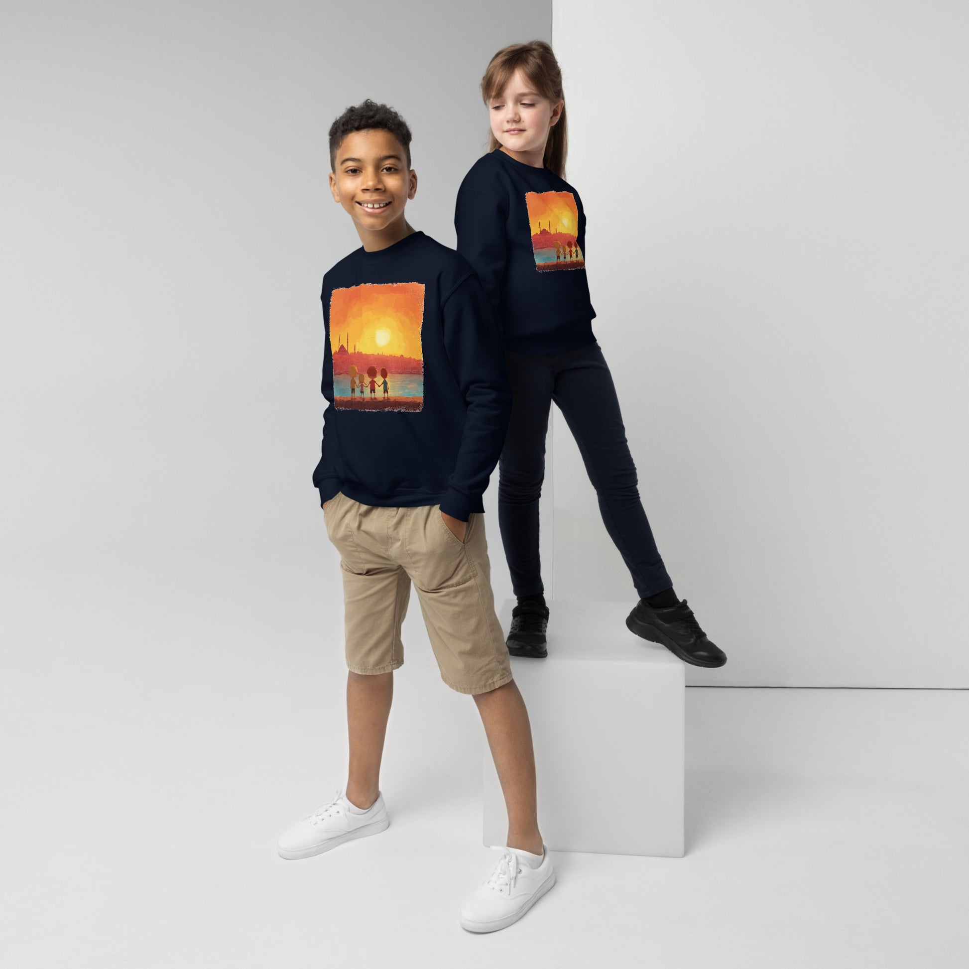 Jewish Kids Over Sunset Transparent Youth Crew Neck Sweatshirt - American Zionist