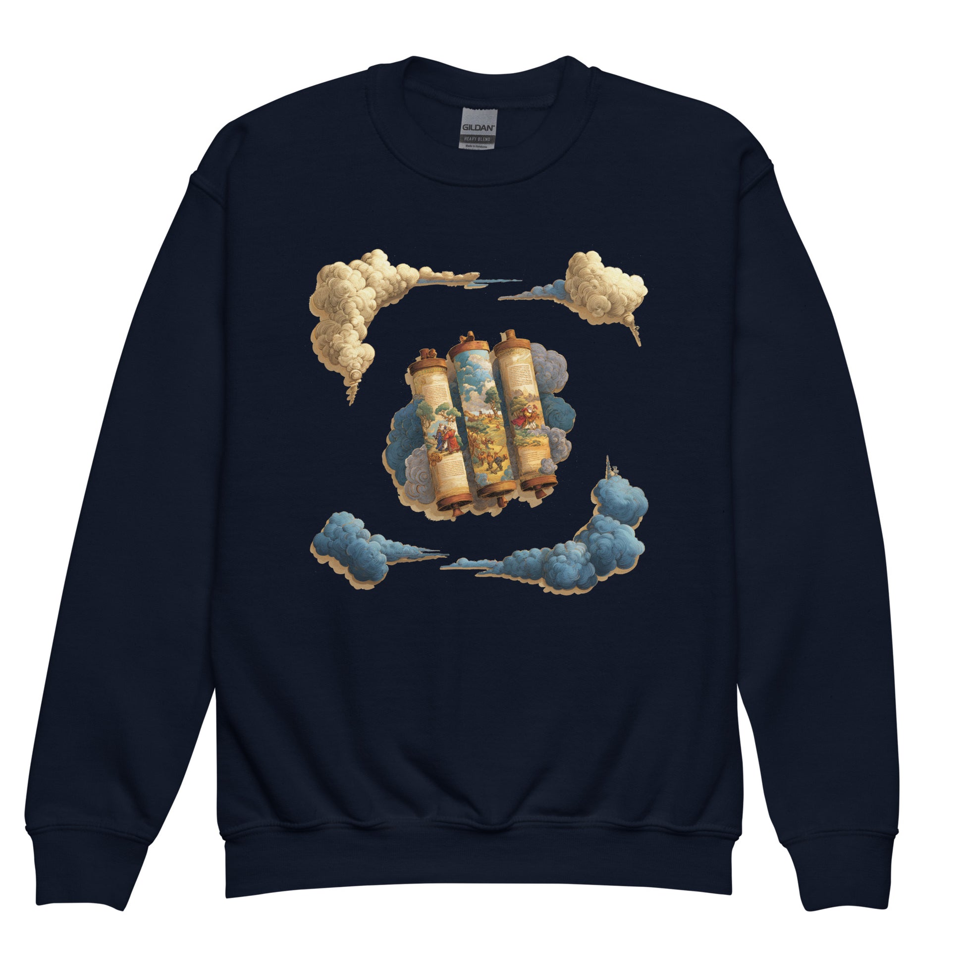 Cloudy Scroll of Moses Youth Crew Neck Sweatshirt - American Zionist