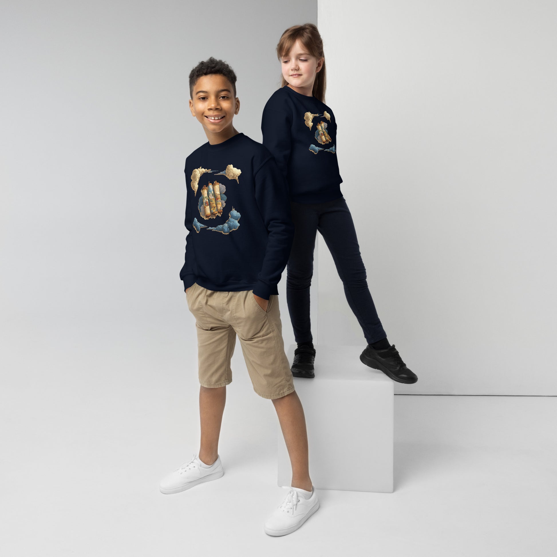 Cloudy Scroll of Moses Youth Crew Neck Sweatshirt - American Zionist