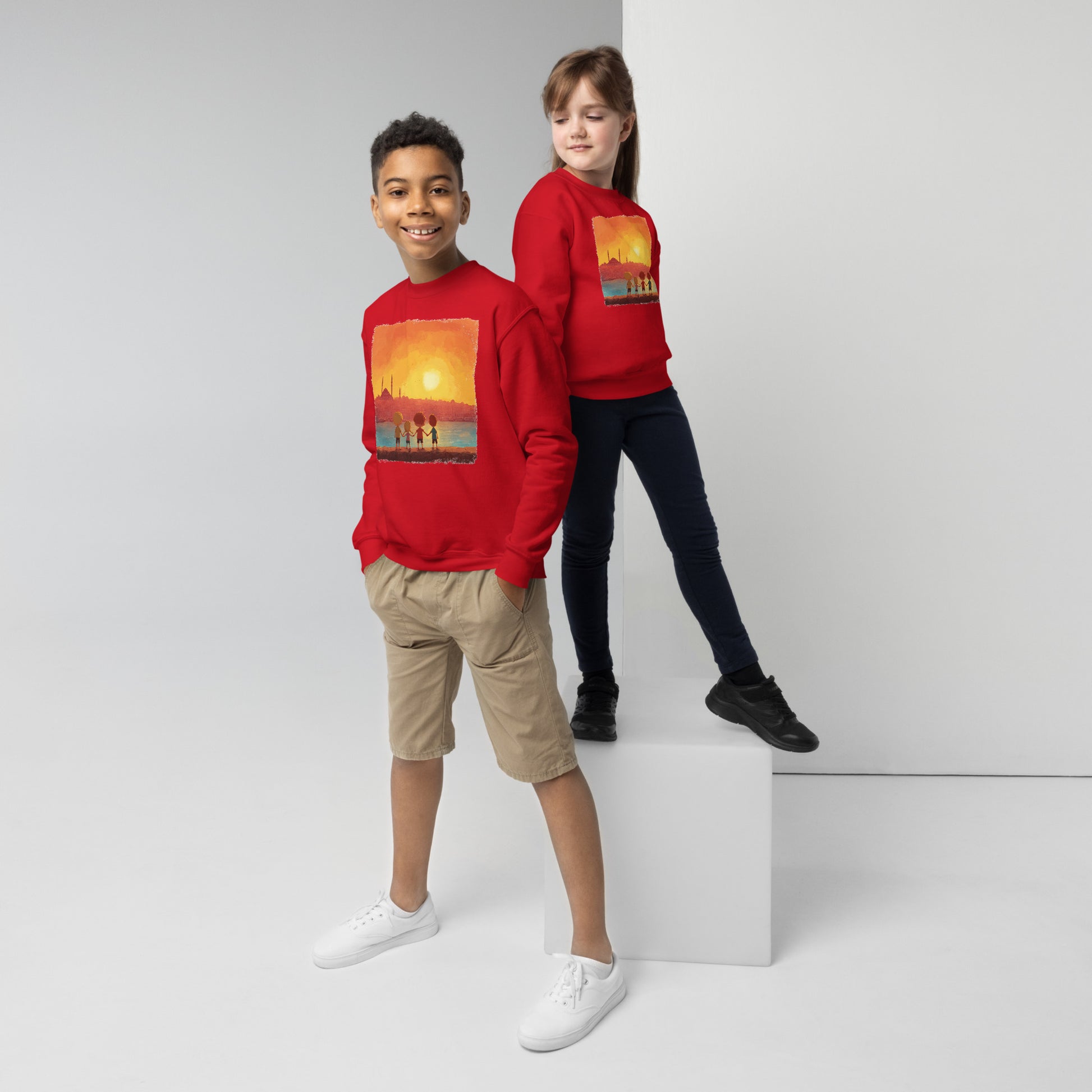 Jewish Kids Over Sunset Transparent Youth Crew Neck Sweatshirt - American Zionist