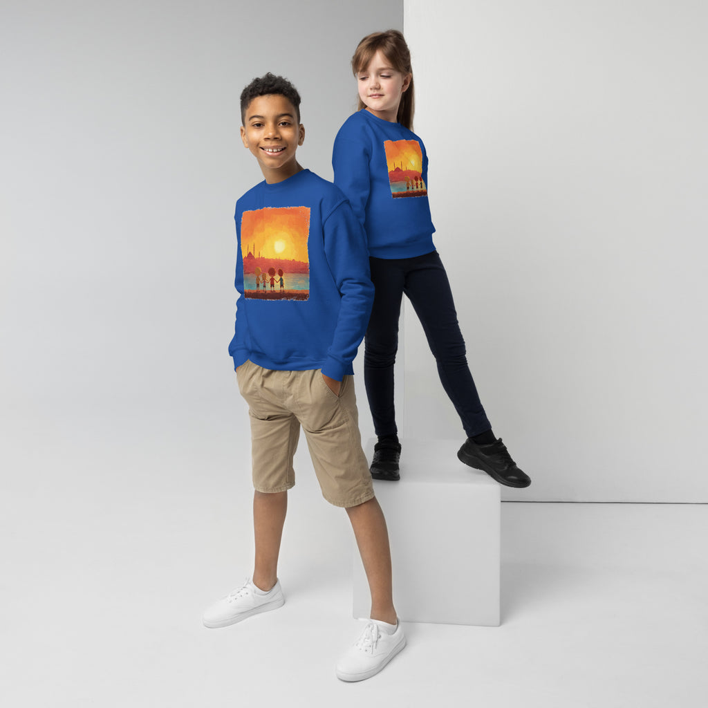 Jewish Kids Over Sunset Transparent Youth Crew Neck Sweatshirt - American Zionist