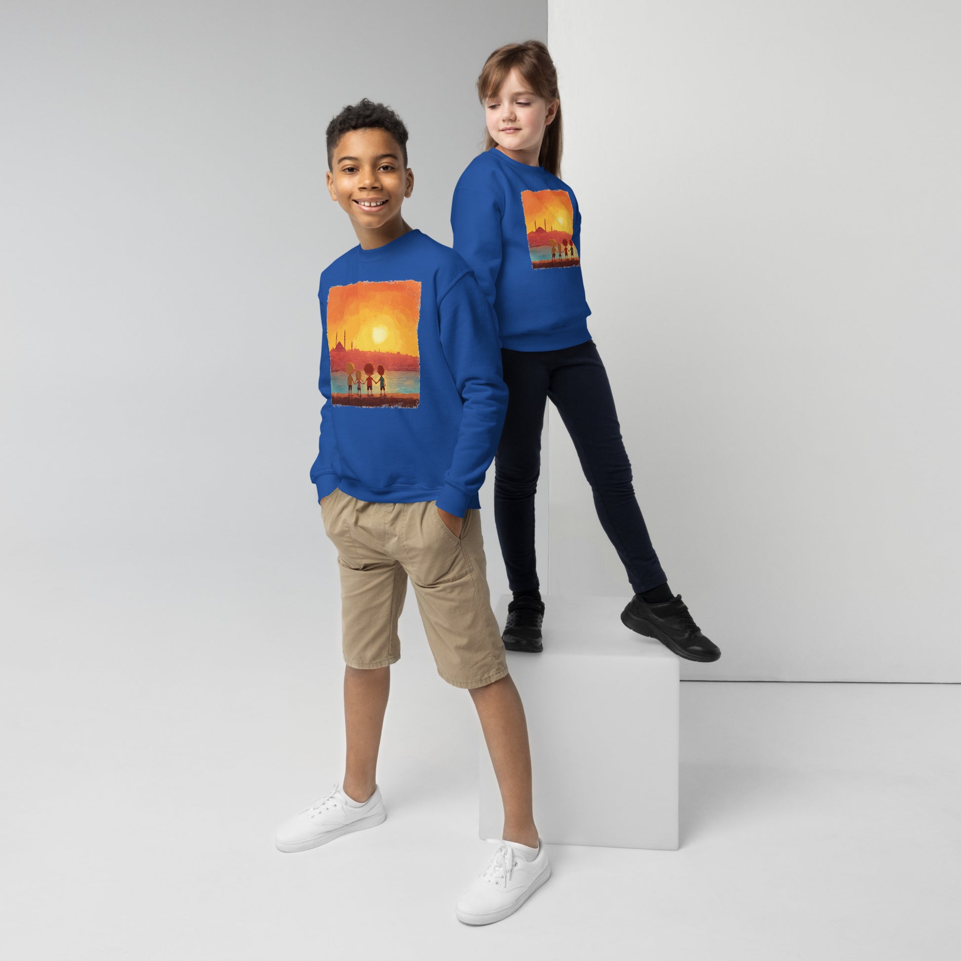 Jewish Kids Over Sunset Transparent Youth Crew Neck Sweatshirt - American Zionist