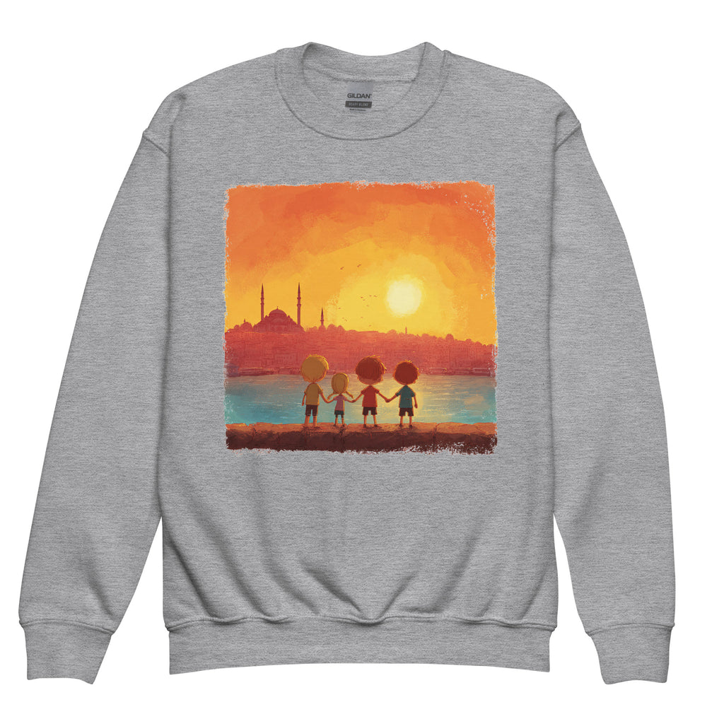 Jewish Kids Over Sunset Transparent Youth Crew Neck Sweatshirt - American Zionist