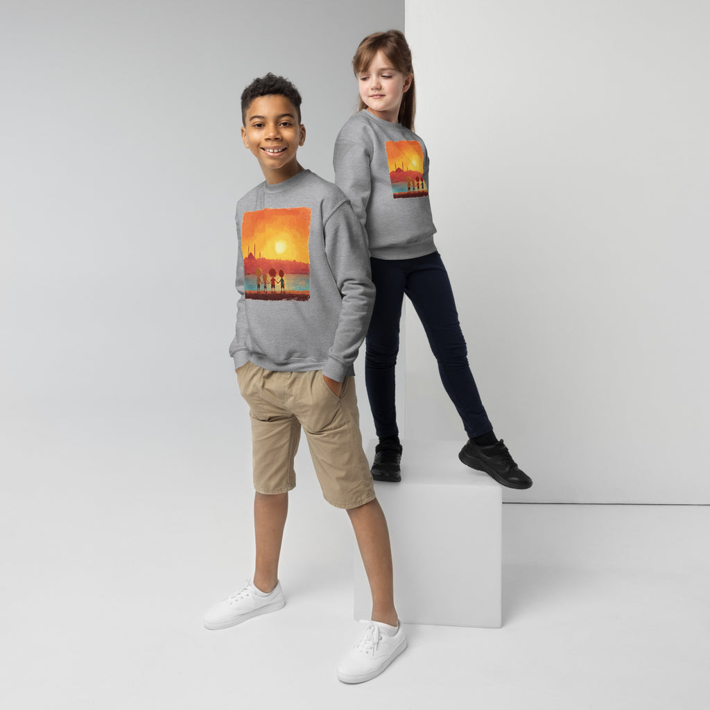 Jewish Kids Over Sunset Transparent Youth Crew Neck Sweatshirt - American Zionist