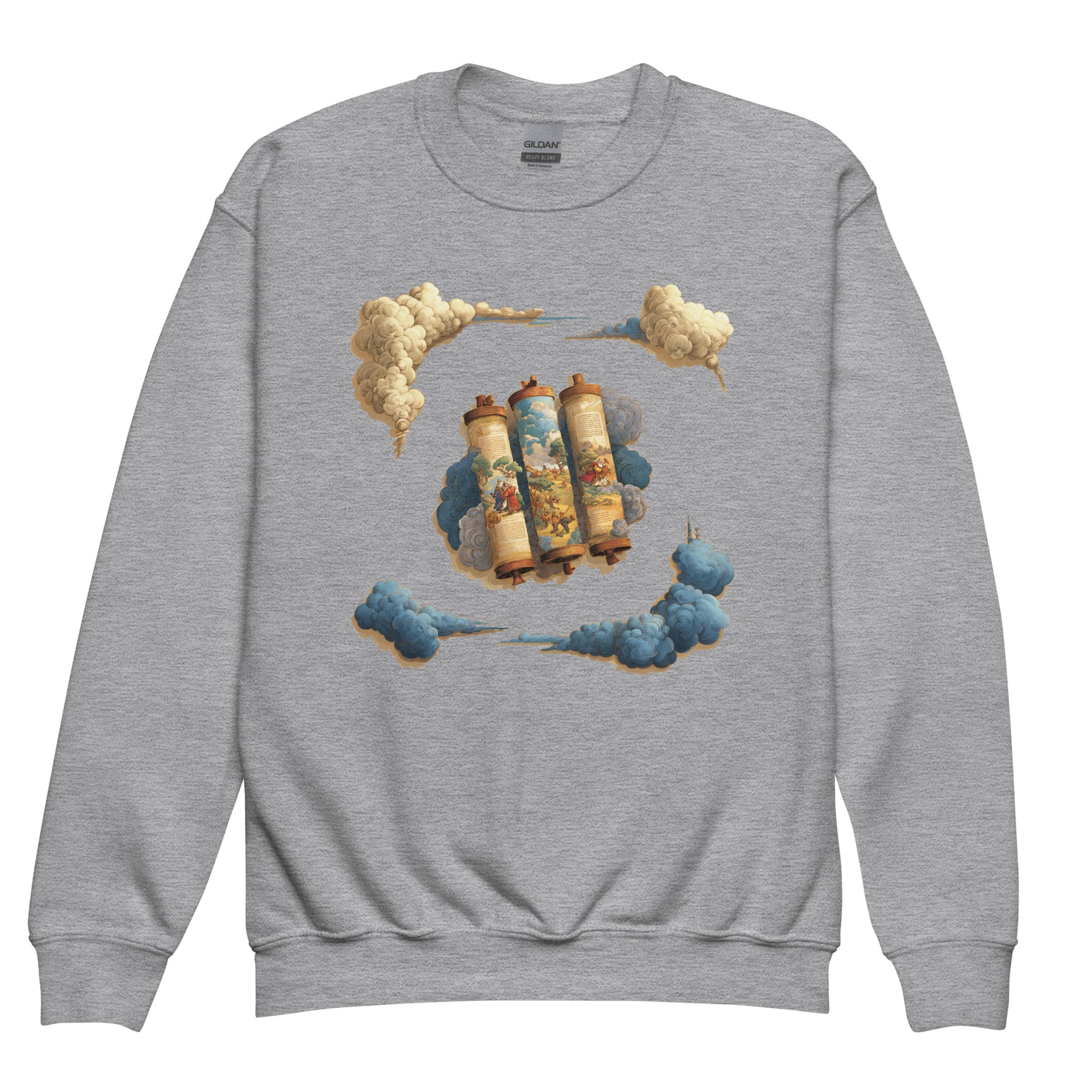 Cloudy Scroll of Moses Youth Crew Neck Sweatshirt - American Zionist