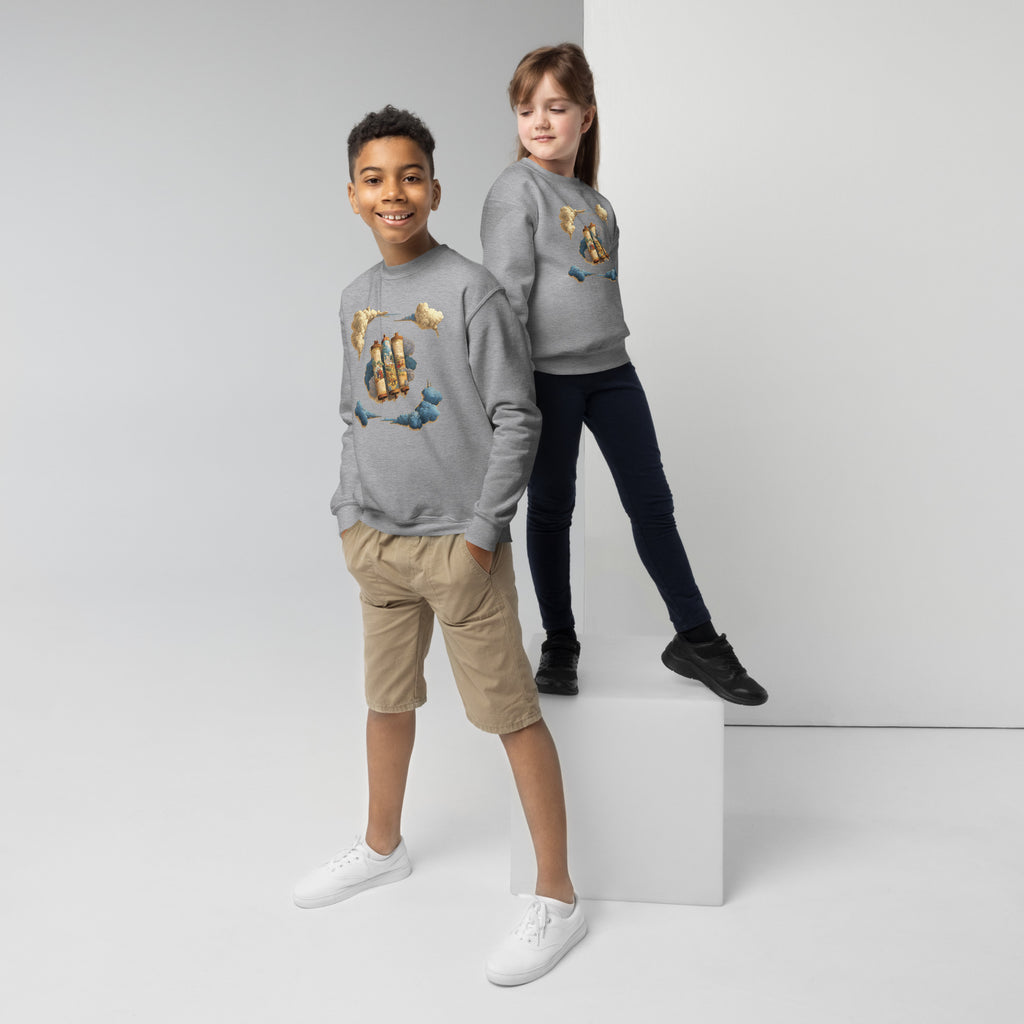 Cloudy Scroll of Moses Youth Crew Neck Sweatshirt - American Zionist