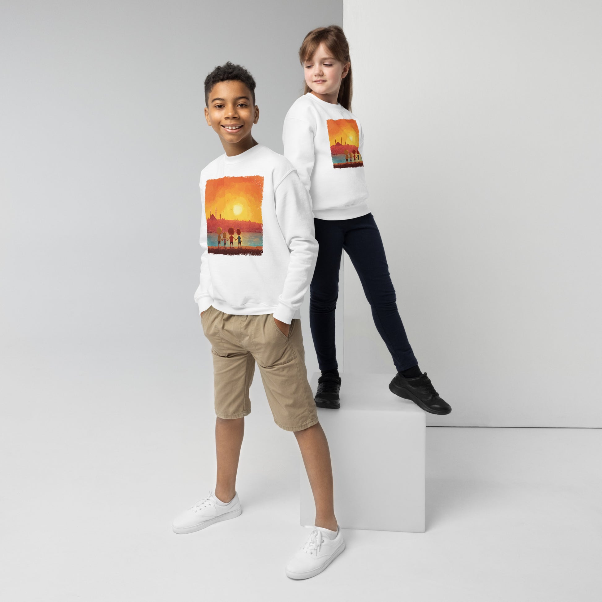 Jewish Kids Over Sunset Transparent Youth Crew Neck Sweatshirt - American Zionist
