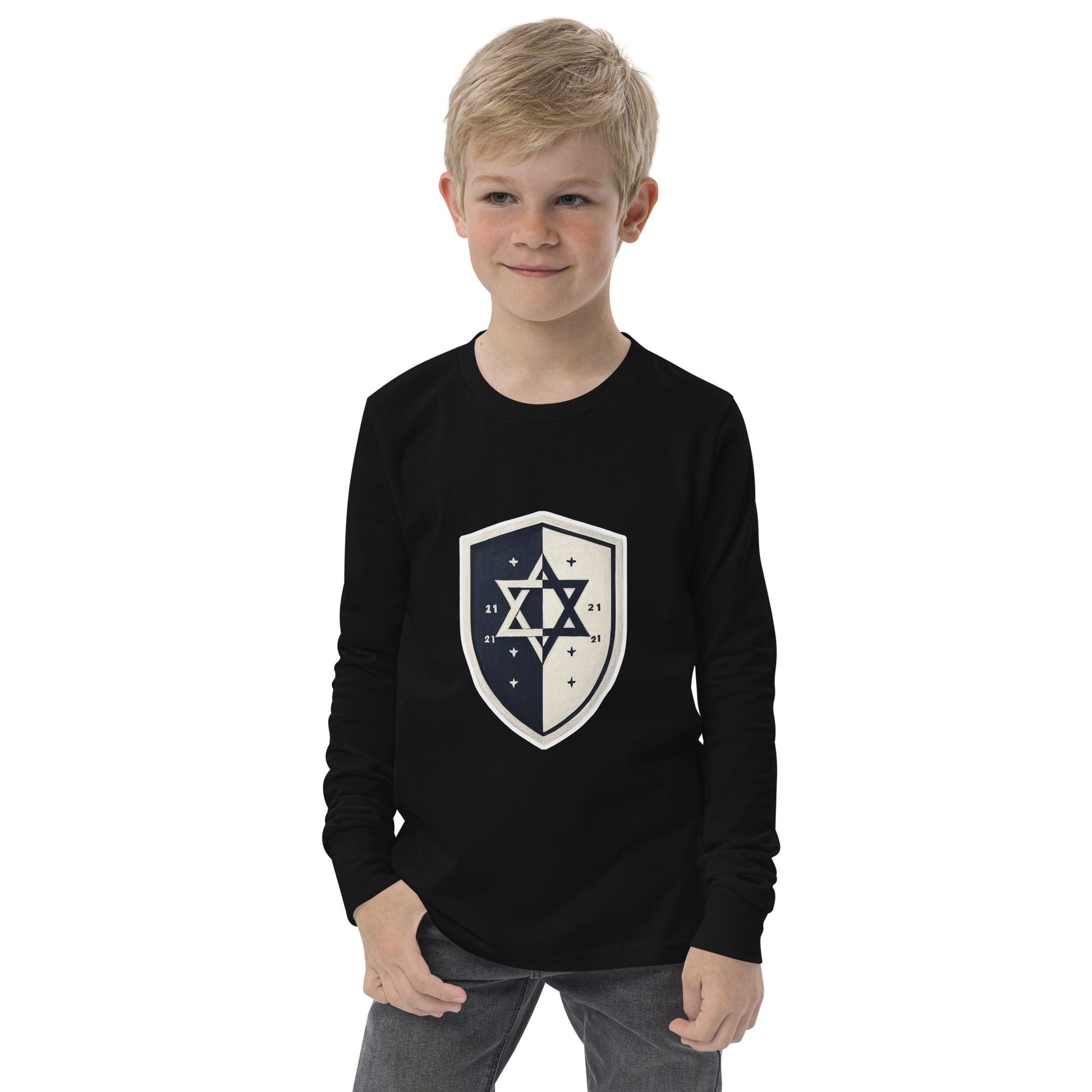 Black and White Shield Youth Long Sleeve Tee - American Zionist