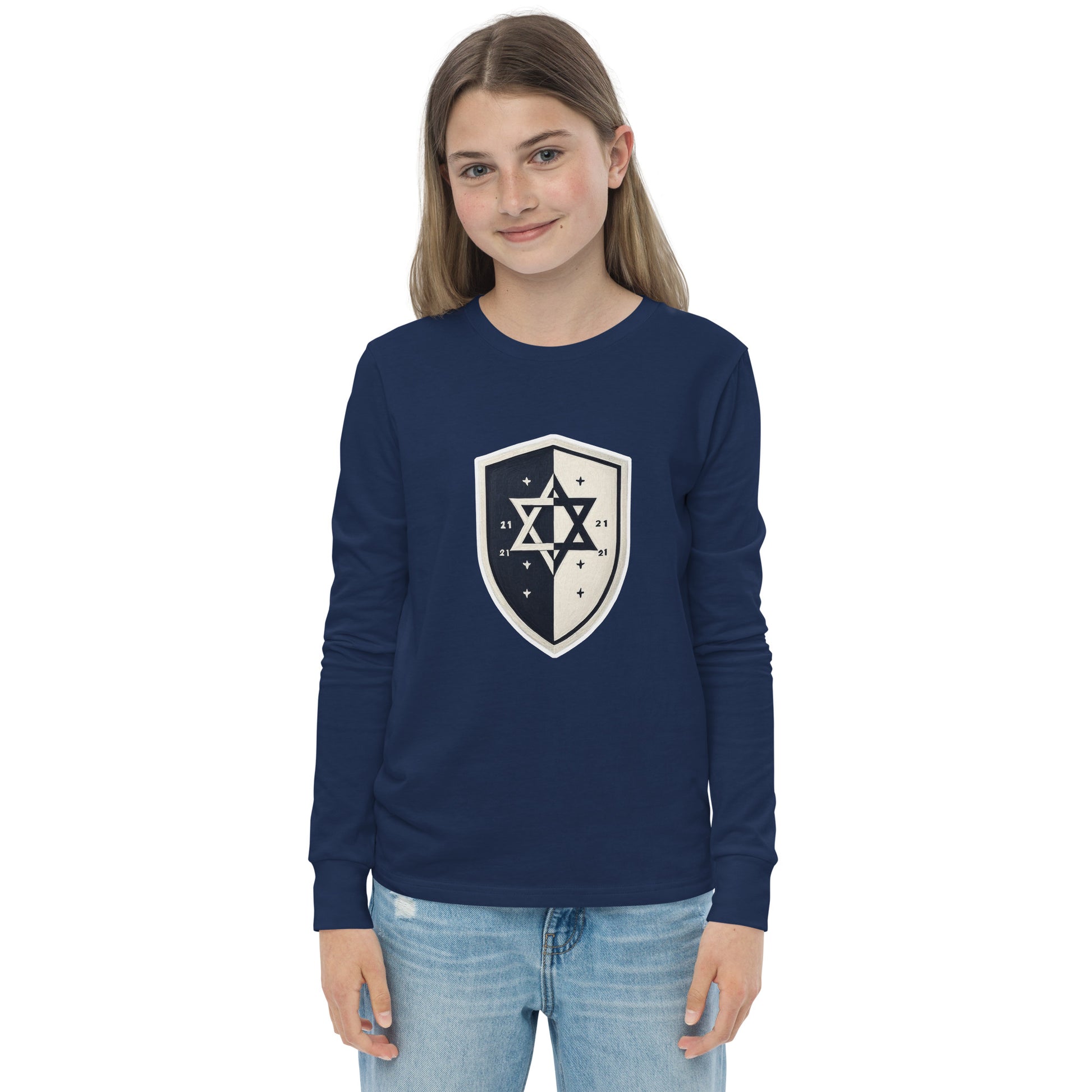 Black and White Shield Youth Long Sleeve Tee - American Zionist