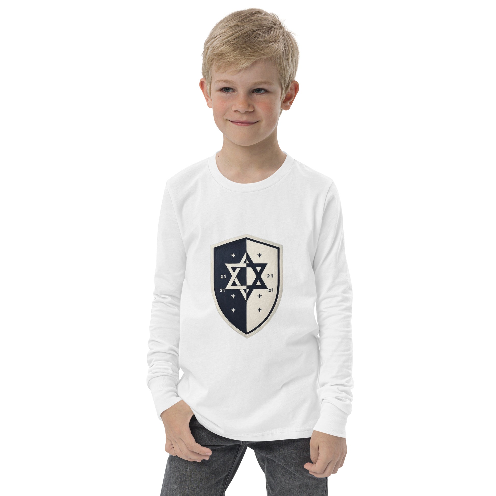 Black and White Shield Youth Long Sleeve Tee - American Zionist